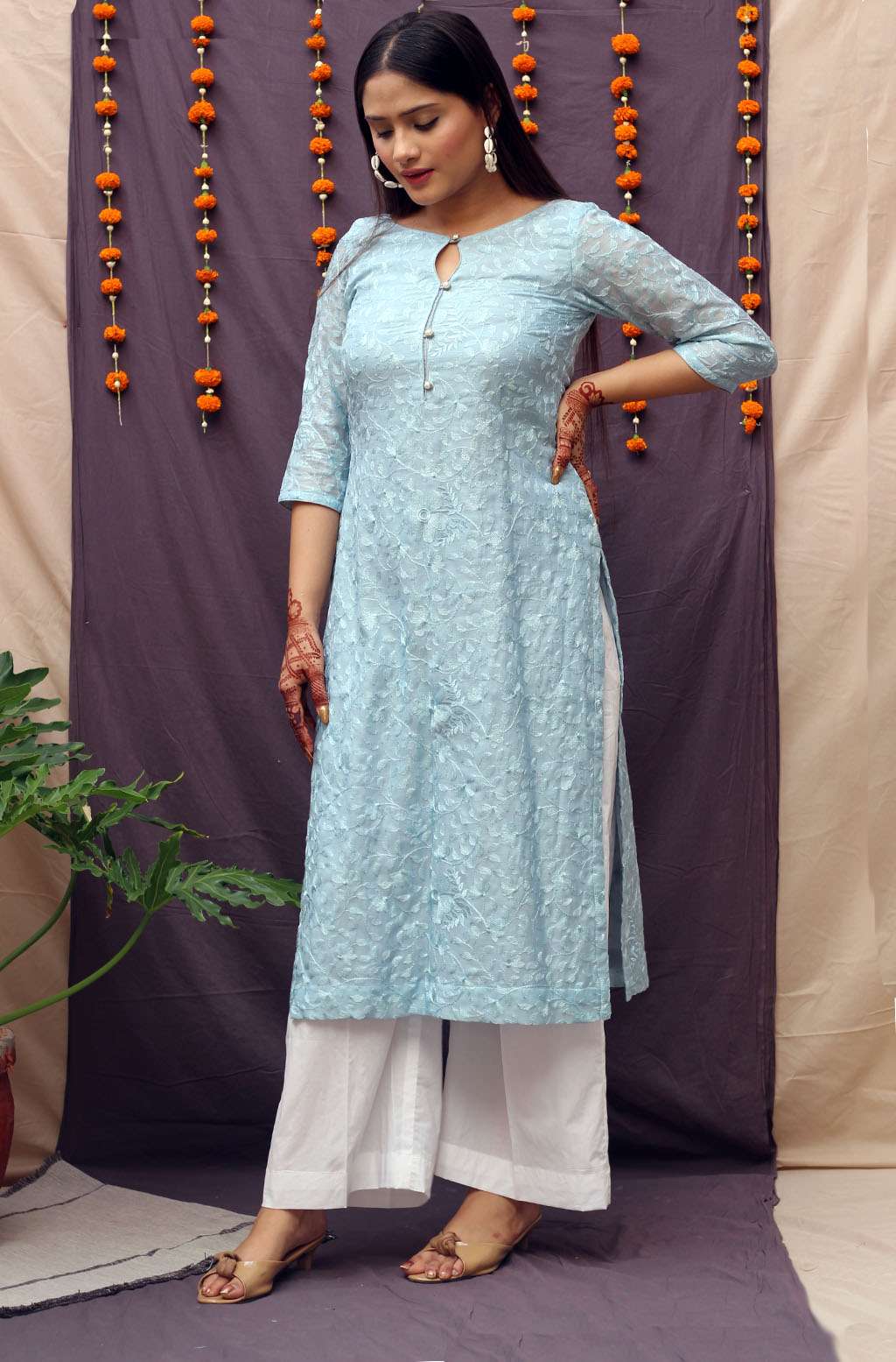 Pretty Greyish Blue Chiffon Thread Embroidery Kurta Pant Dupatta Set - Raavi