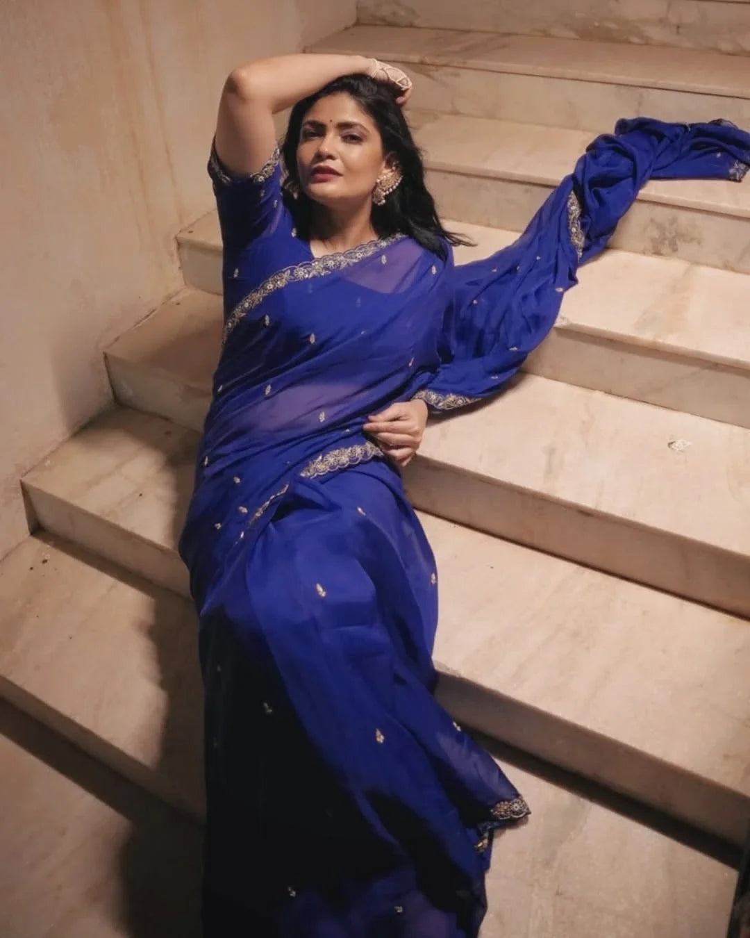 Elegant Blue Midnight Organza Floral Gold Zari Zardozi Saree