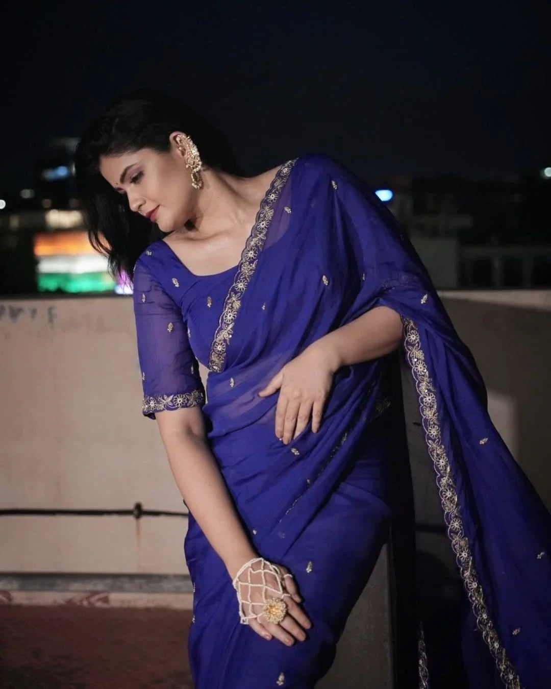 Elegant Blue Midnight Organza Floral Gold Zari Zardozi Saree
