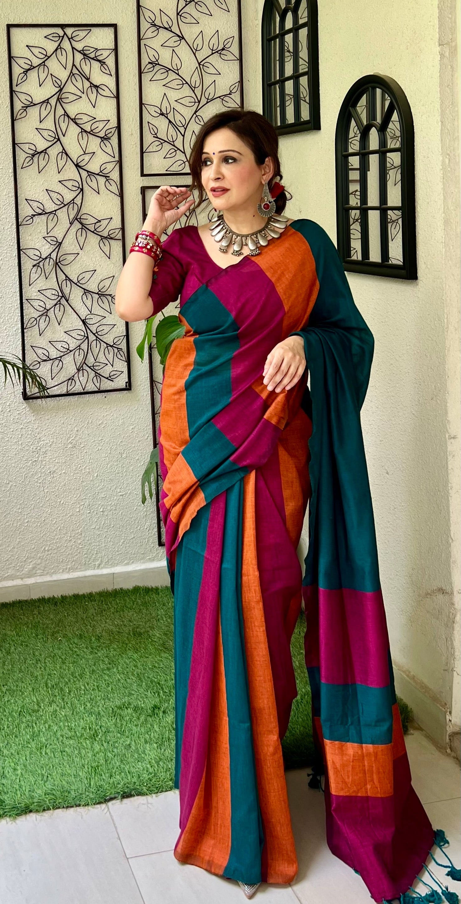 Handcrafted Multicolor Rust Orange Navy Rose Gold Cotton Striped Saree