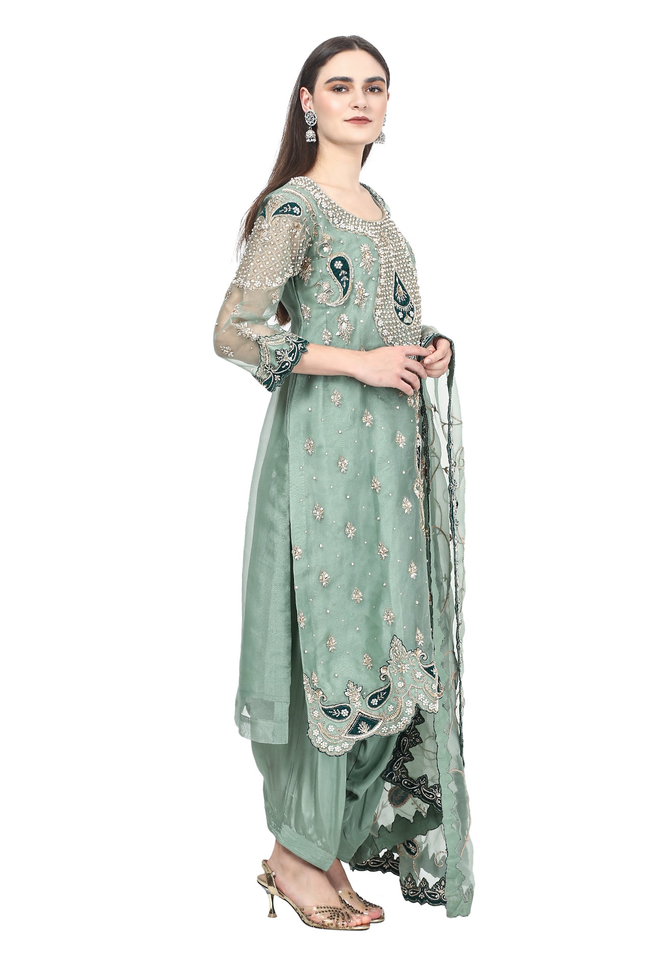 Mint Green Kurta Set with Authentic Dabka and Pearl Work