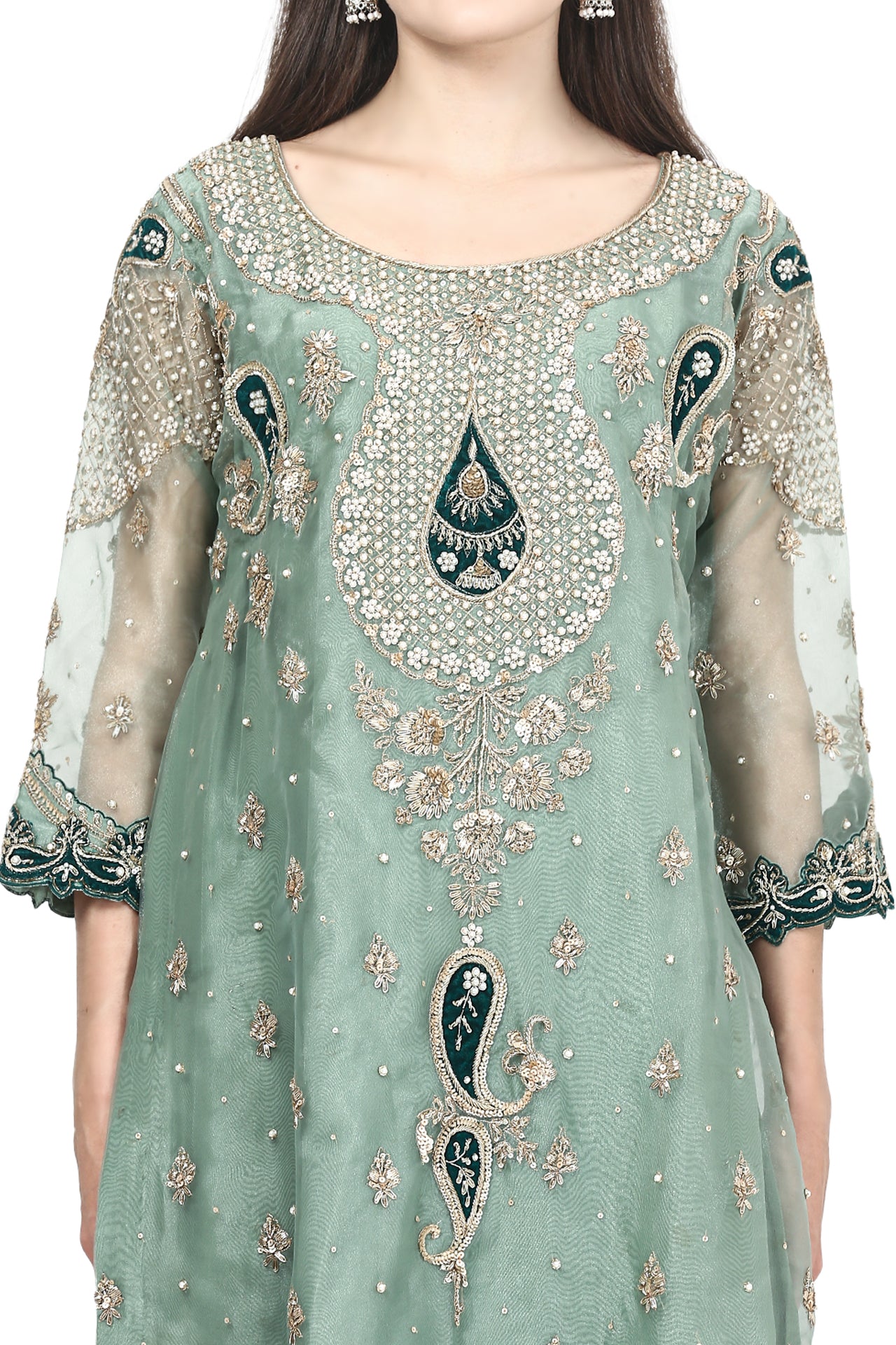 Mint Green Kurta Set with Authentic Dabka and Pearl Work