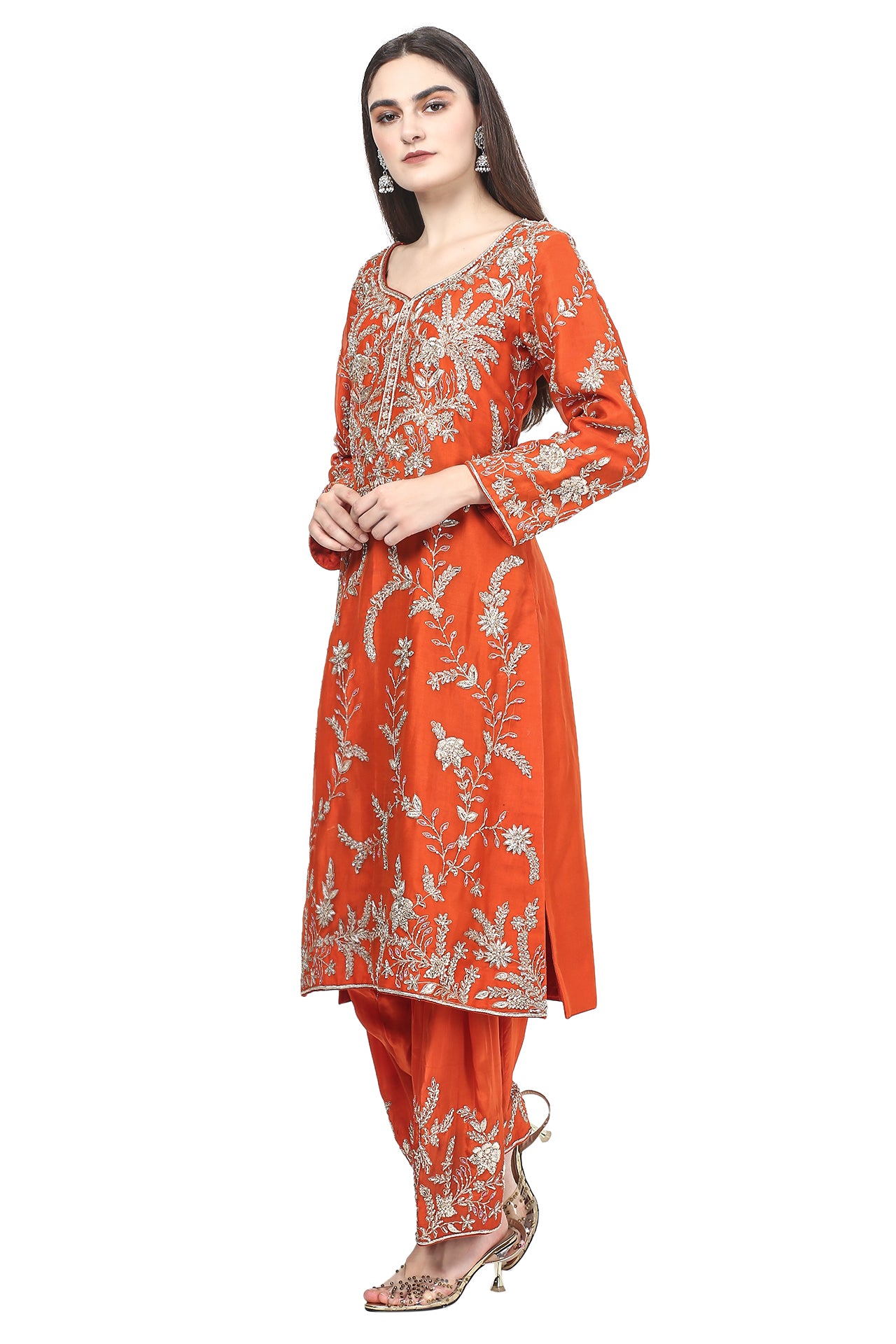 Rust Orange Kurta Set with Heavy Dabka Zardozi Work