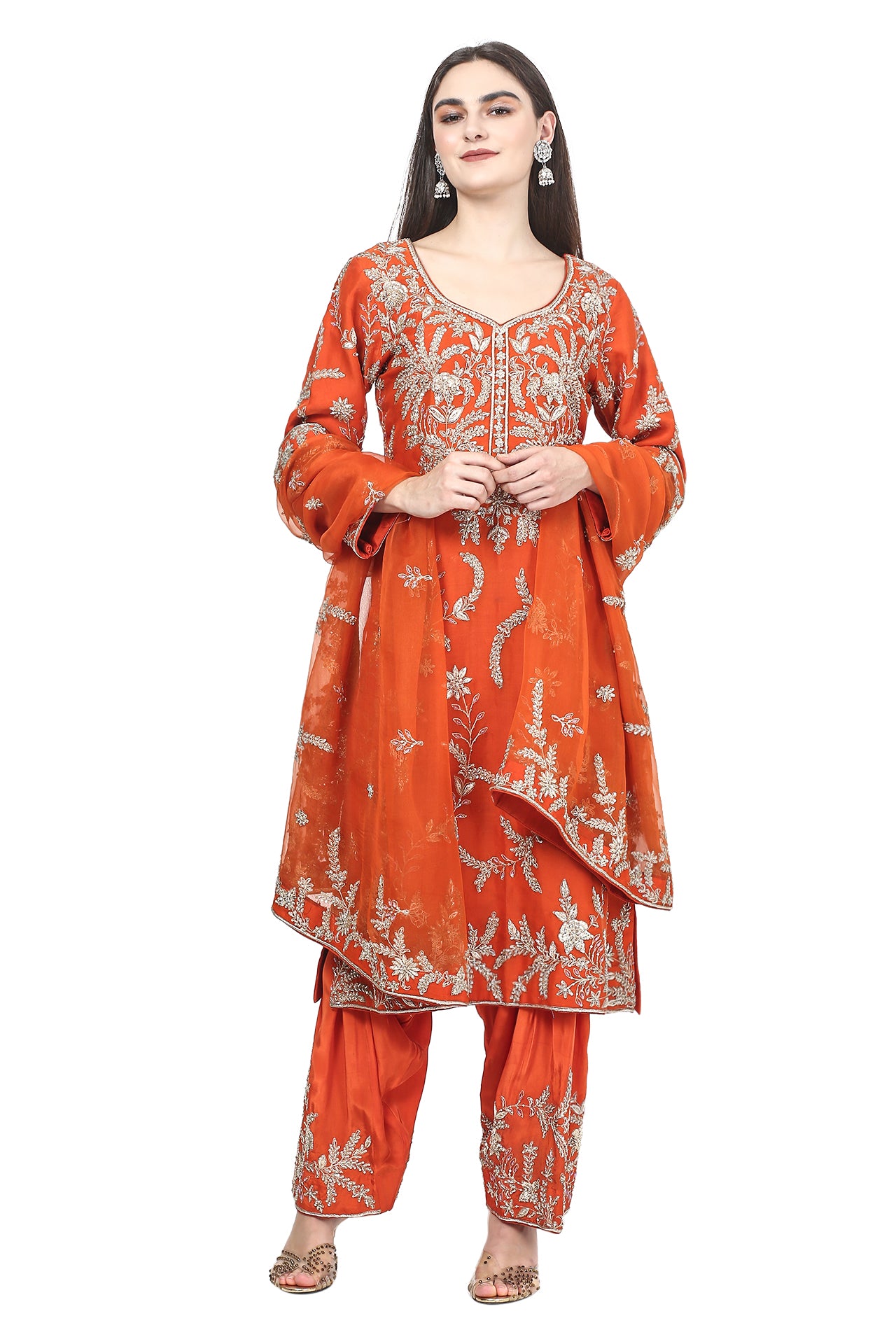 Rust Orange Kurta Set with Heavy Dabka Zardozi Work