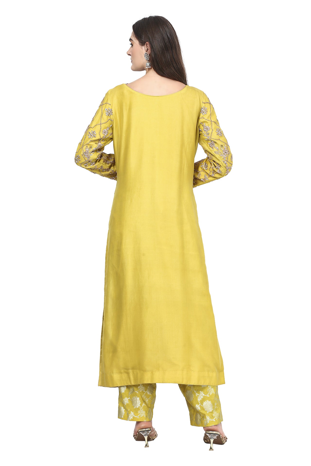 Yellow Zardozi Embroidered Long Kurta with Banarasi Pant