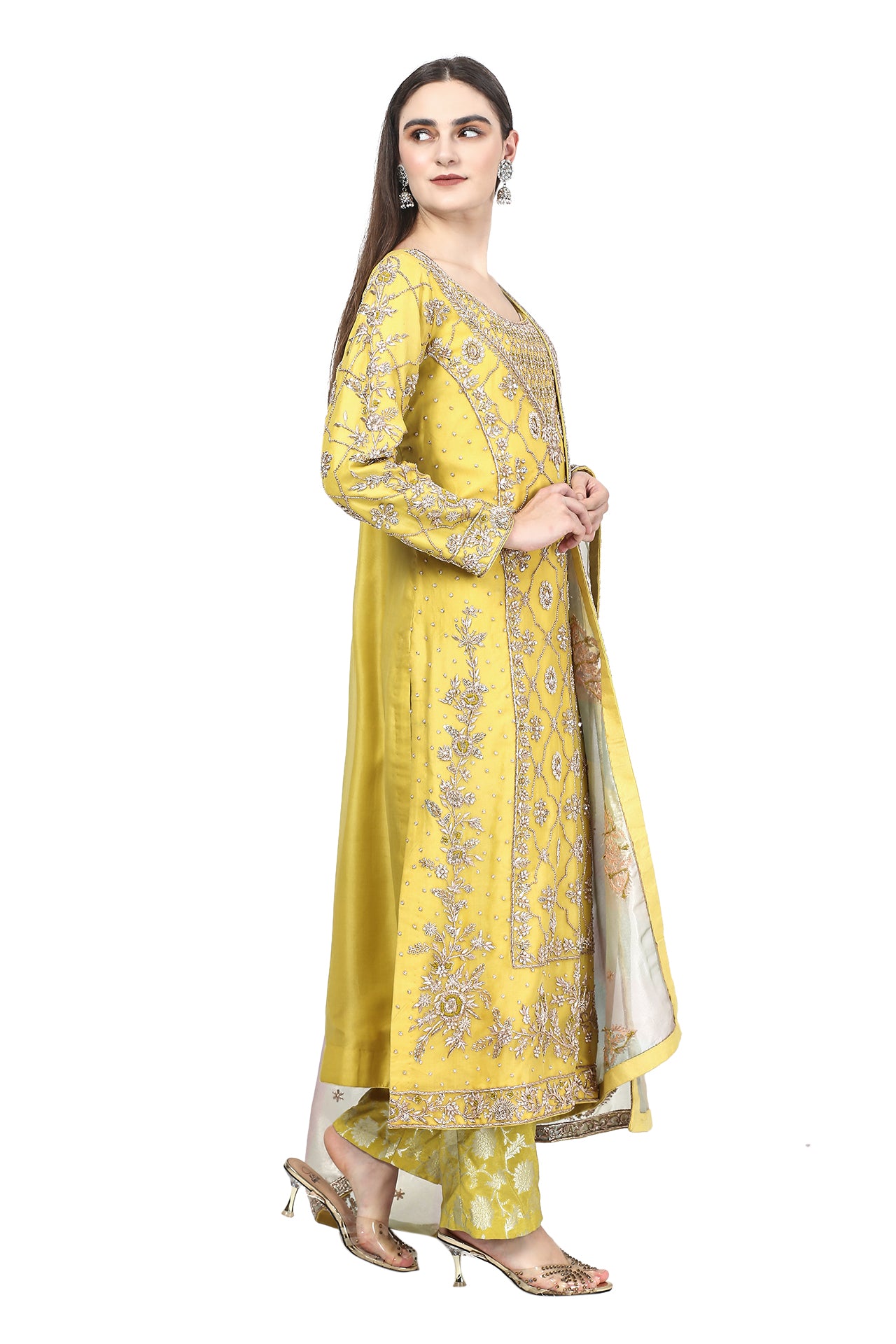 Yellow Zardozi Embroidered Long Kurta with Banarasi Pant