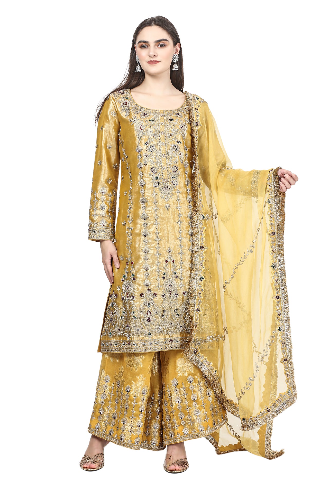 Mustard Kurta and Flared Pant Set with Dori and Zardozi Work