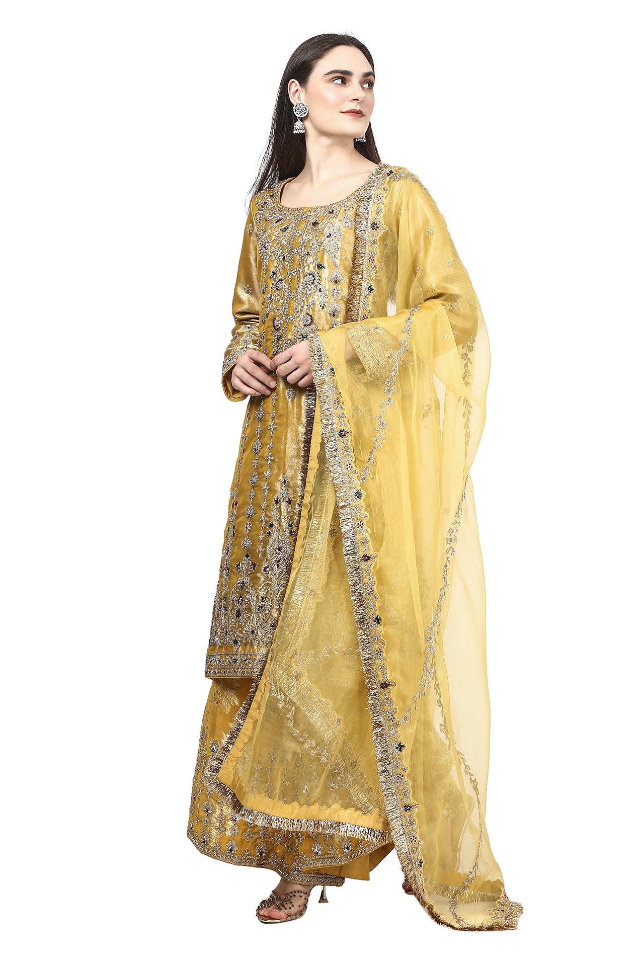 Mustard Kurta and Flared Pant Set with Dori and Zardozi Work