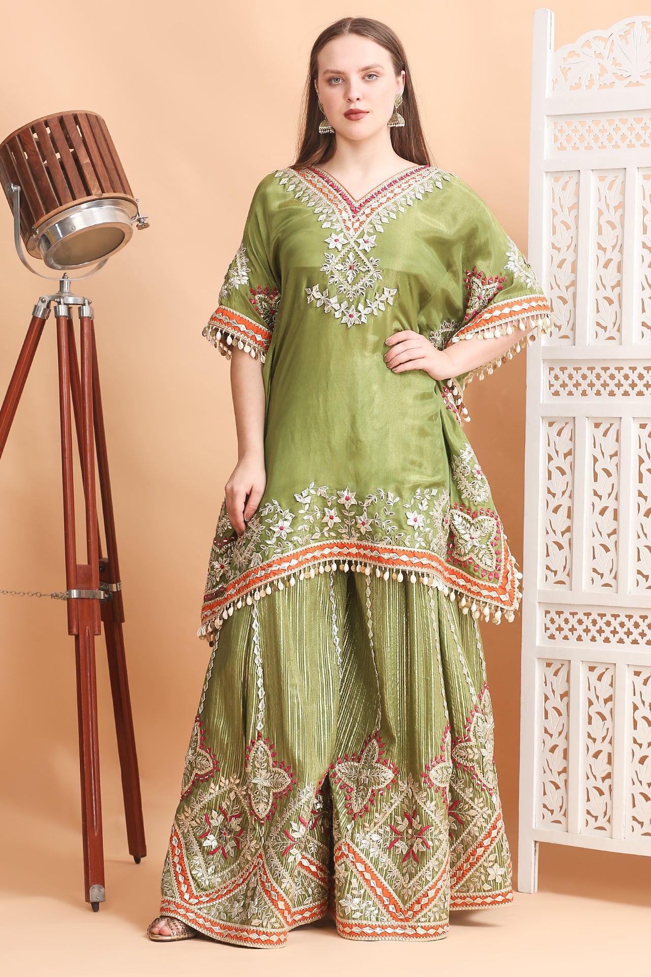 Olive Green Gota Patti Kaftan Sharara Set