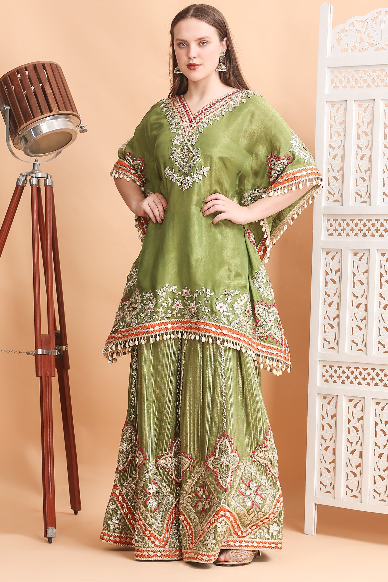 Olive Green Gota Patti Kaftan Sharara Set