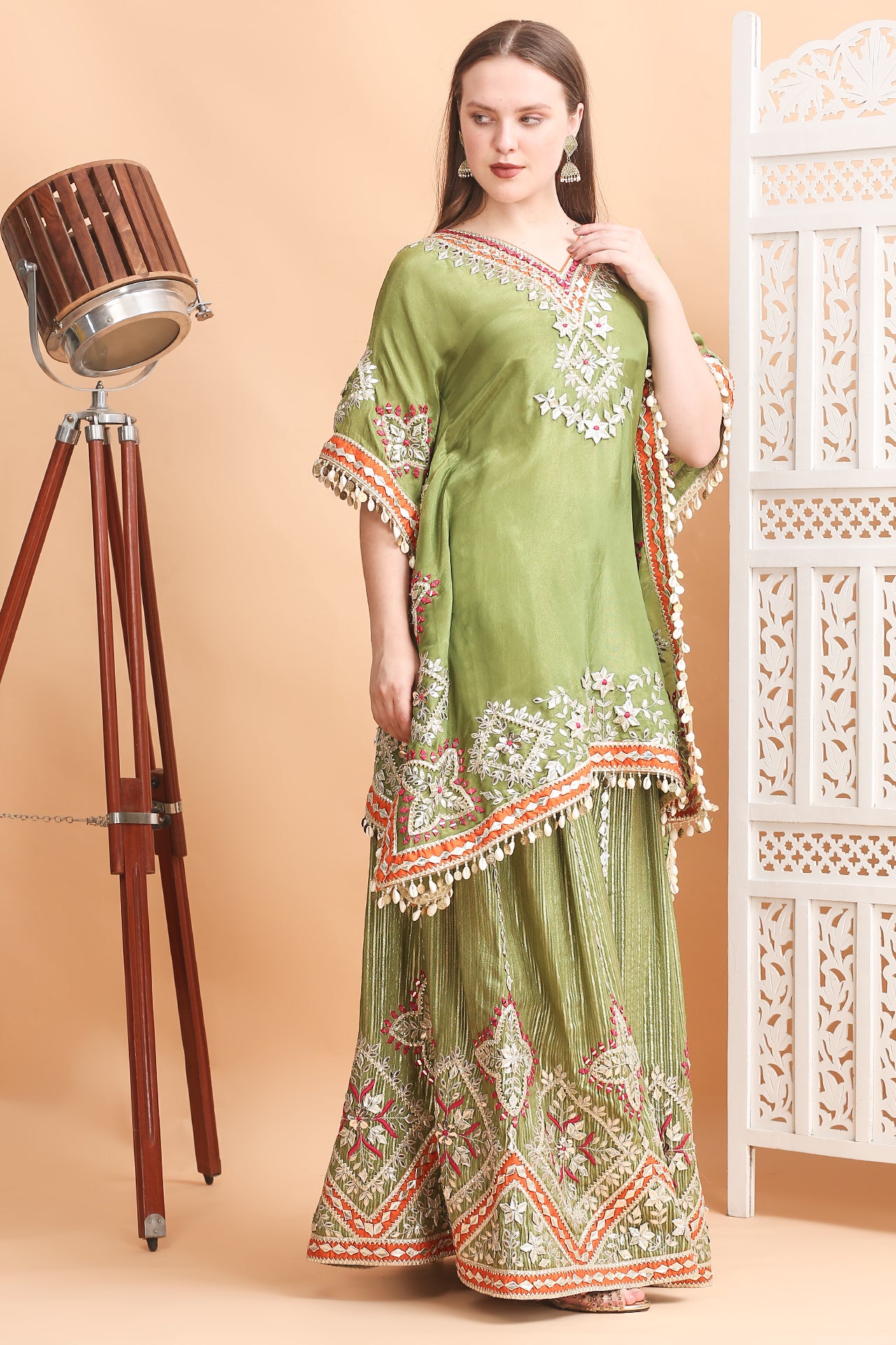 Olive Green Gota Patti Kaftan Sharara Set