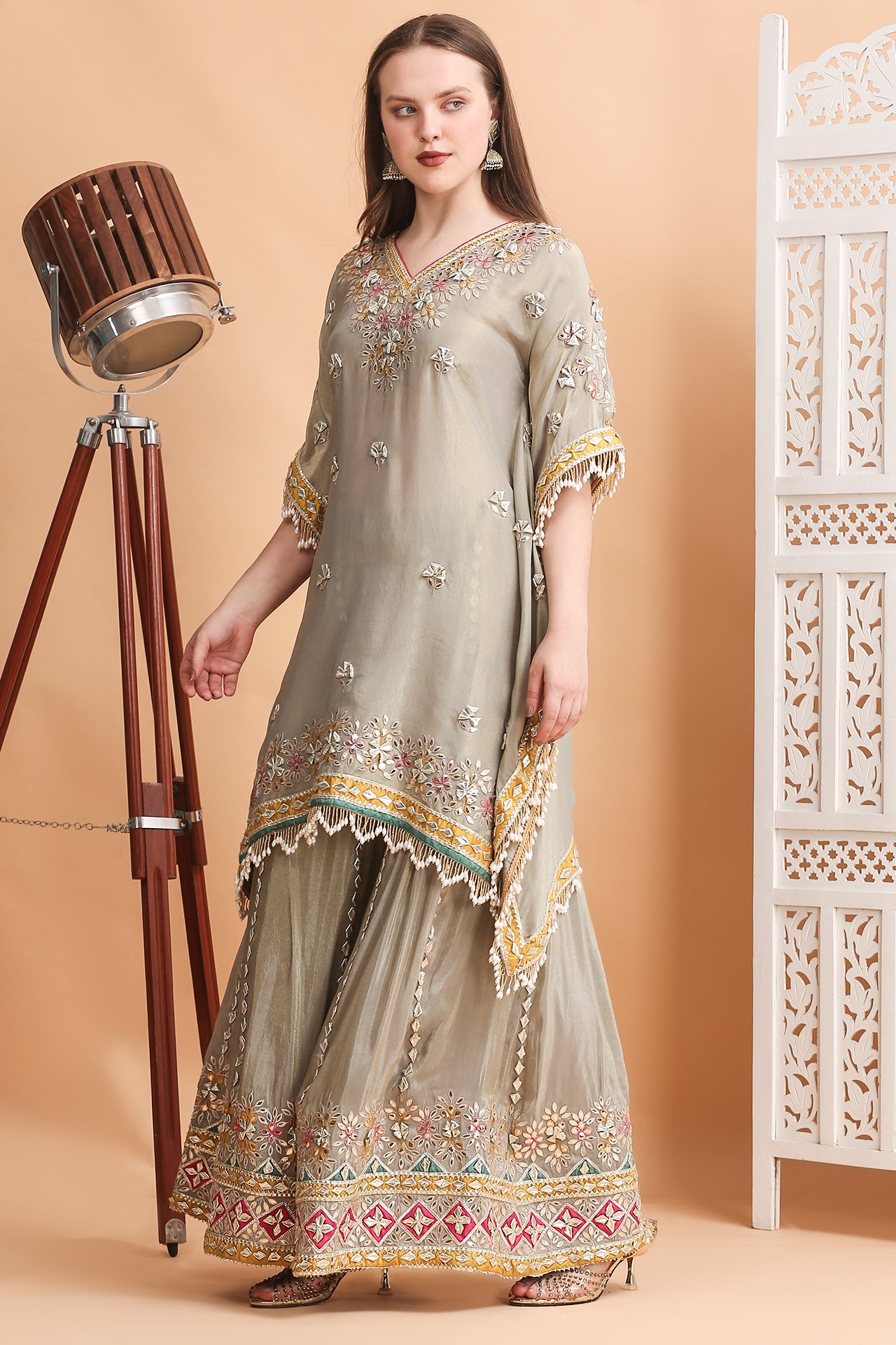 Mouse Grey Short Kaftan & Sharara Set