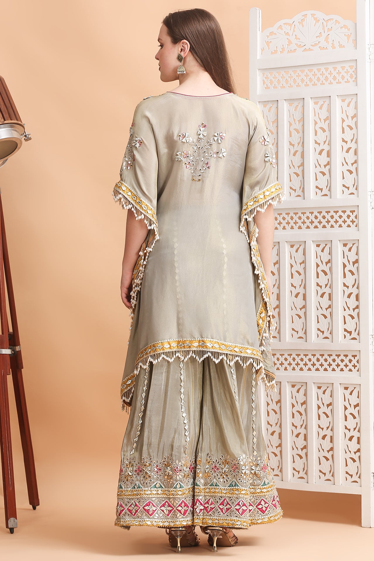 Mouse Grey Short Kaftan & Sharara Set