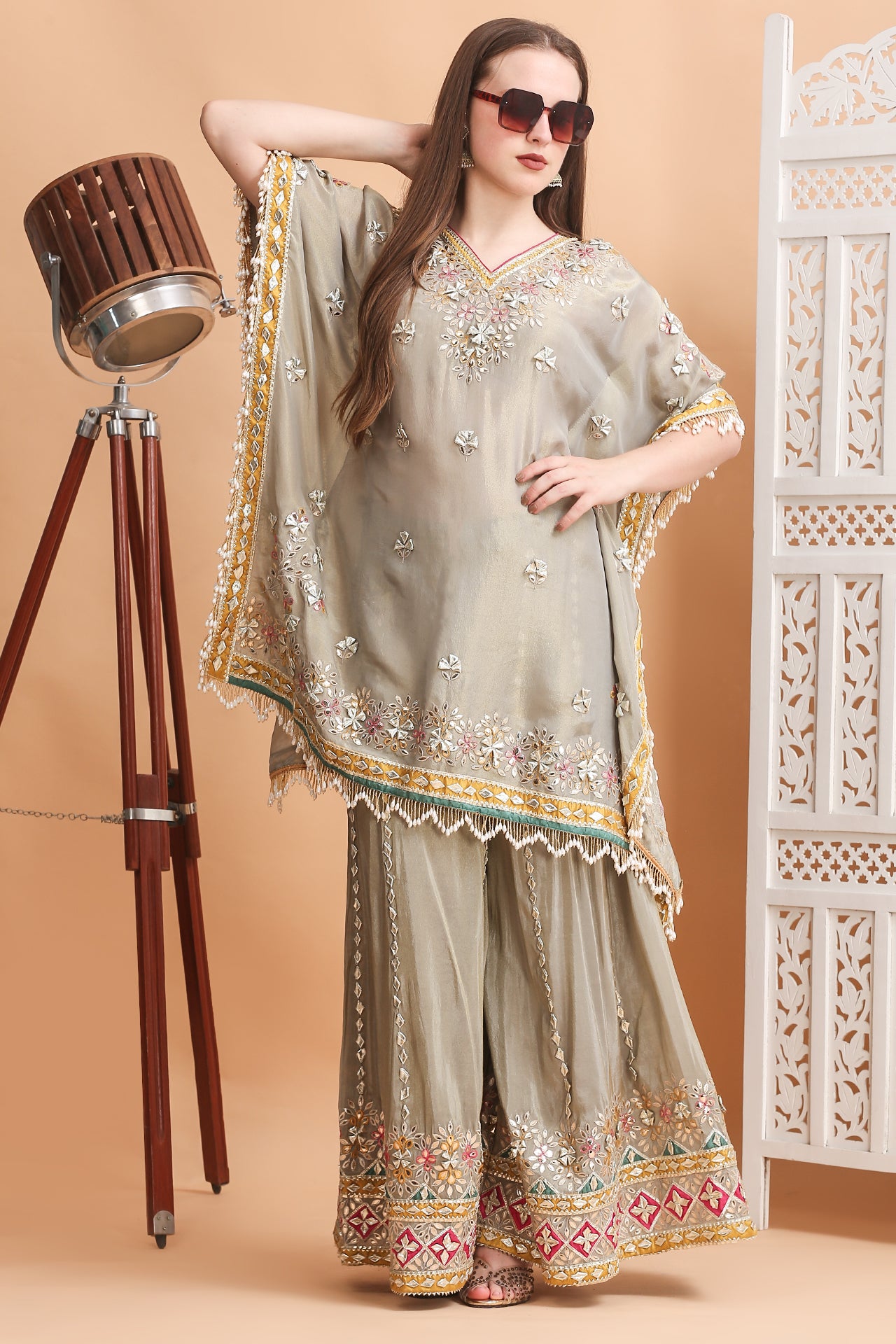 Mouse Grey Short Kaftan & Sharara Set