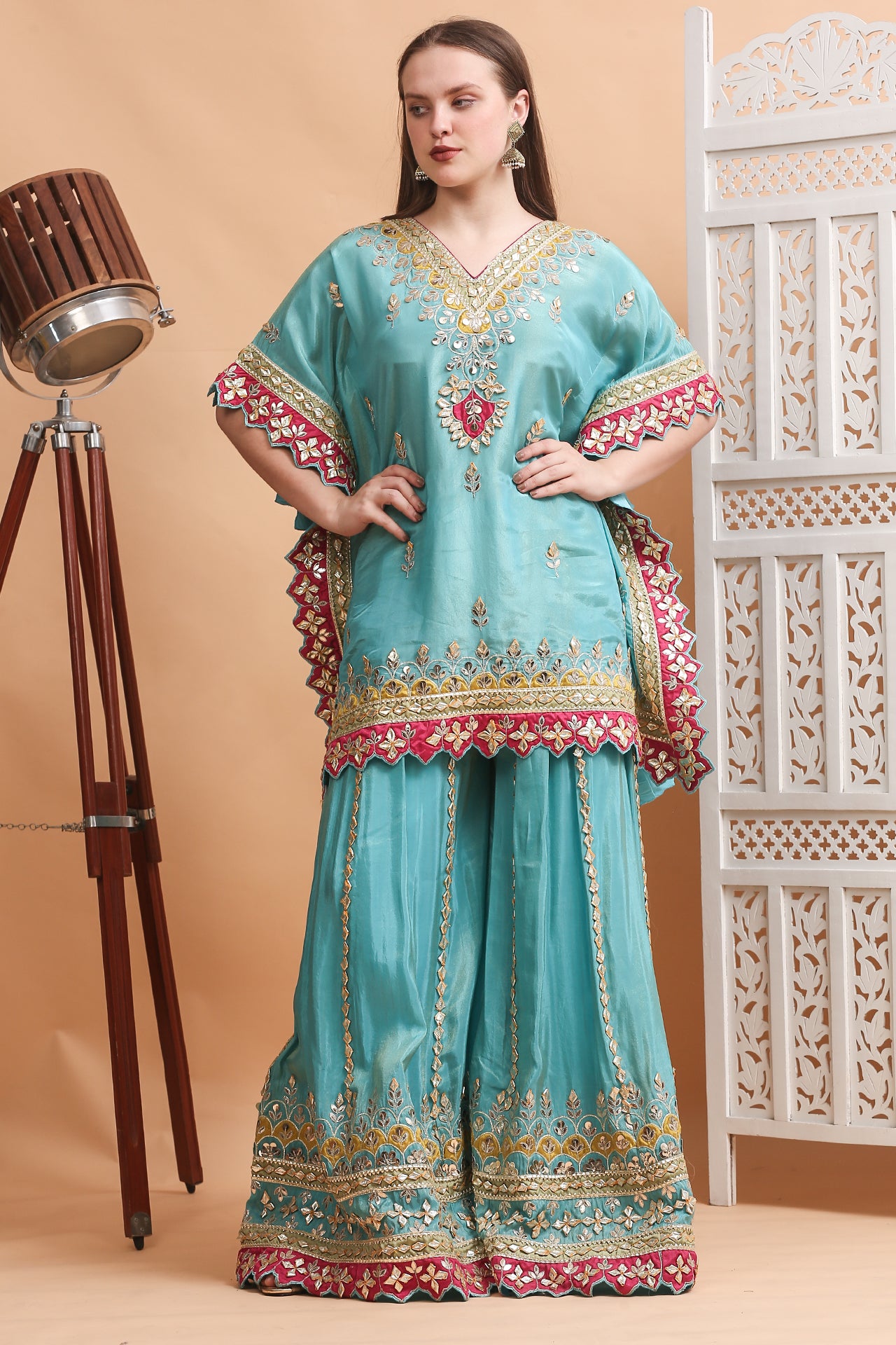 Turquoise Blue Patchwork Kaftan Sharara Set