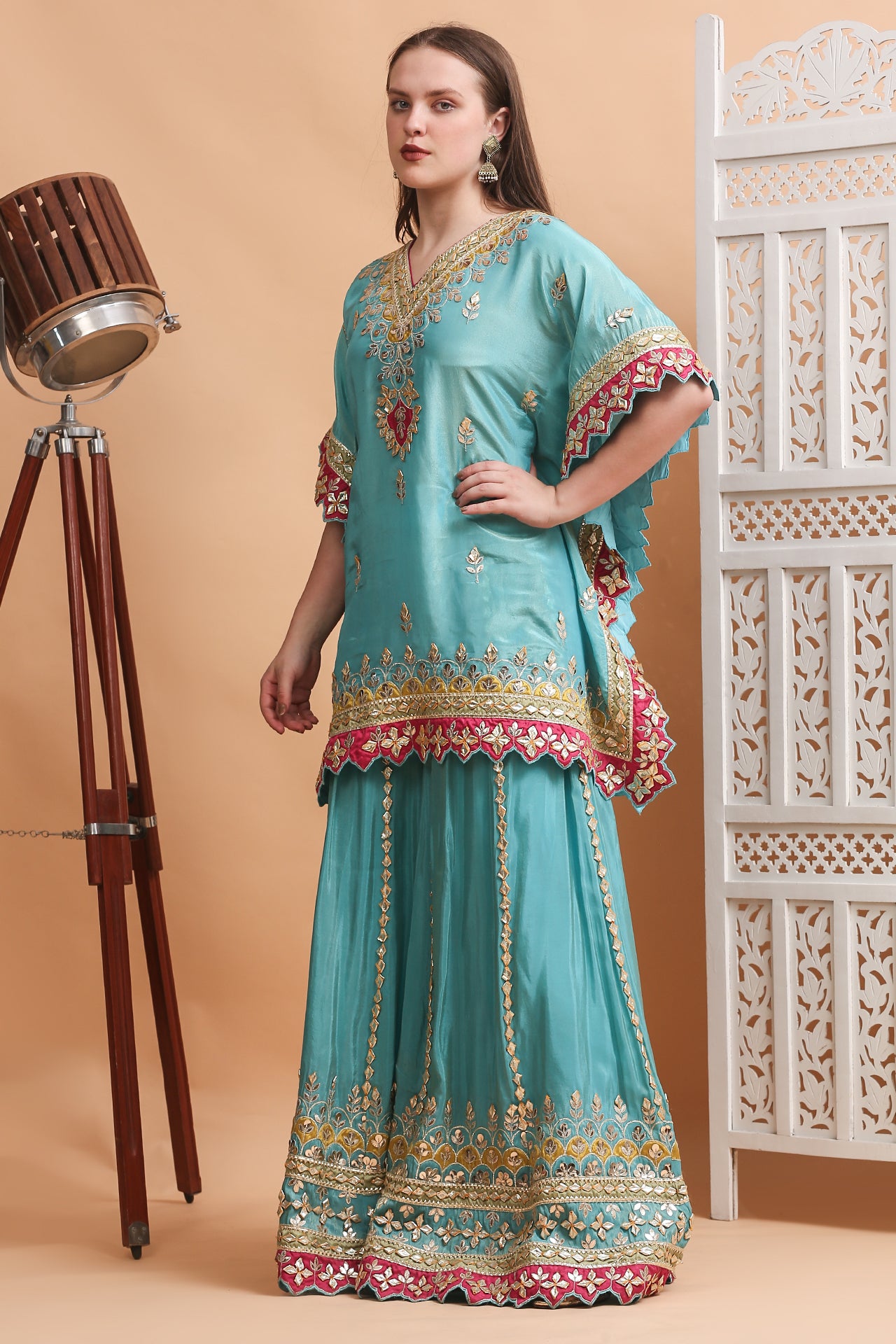 Turquoise Blue Patchwork Kaftan Sharara Set