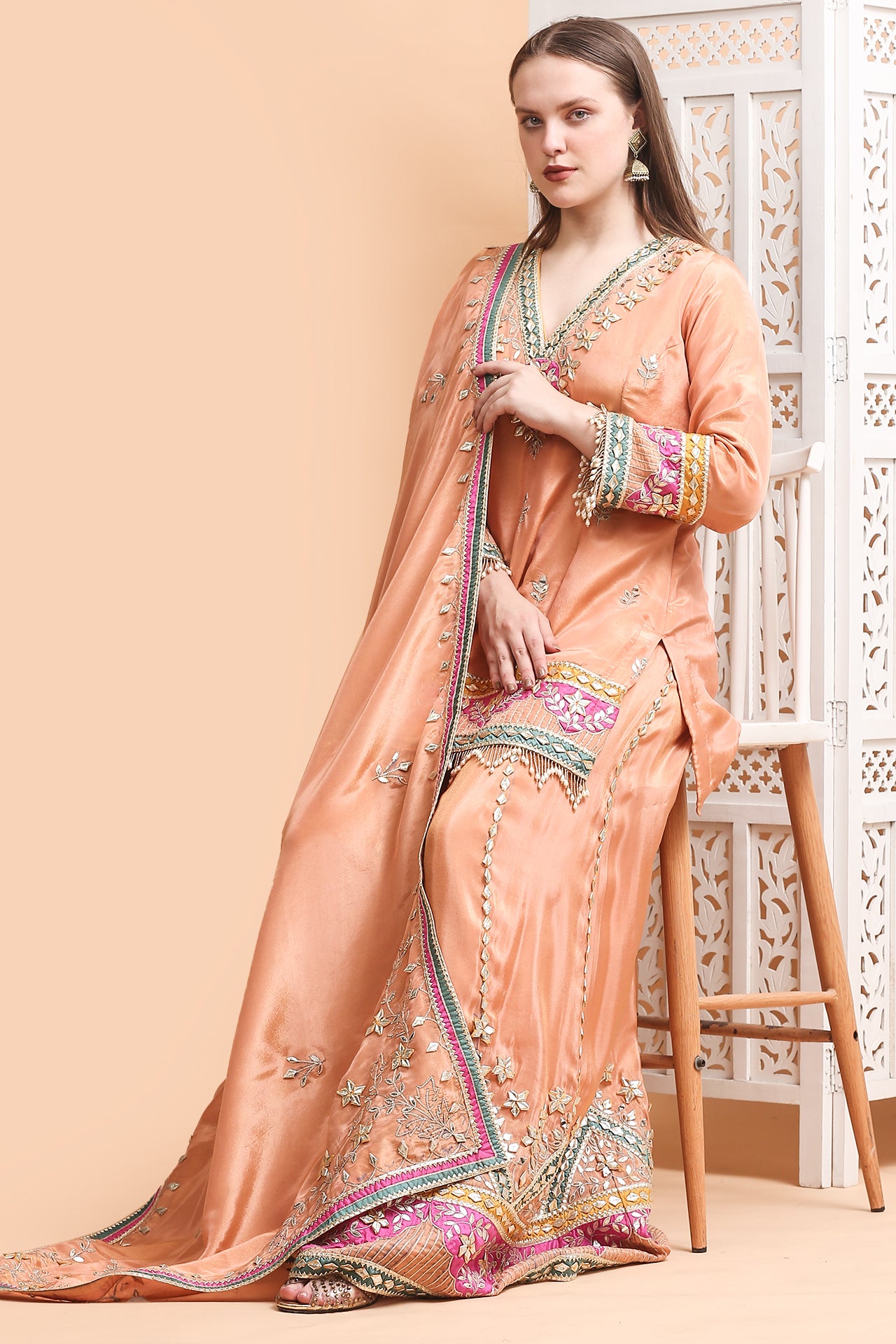 Ethereal Peach Hand-Crafted Gota Patti Sharara Set
