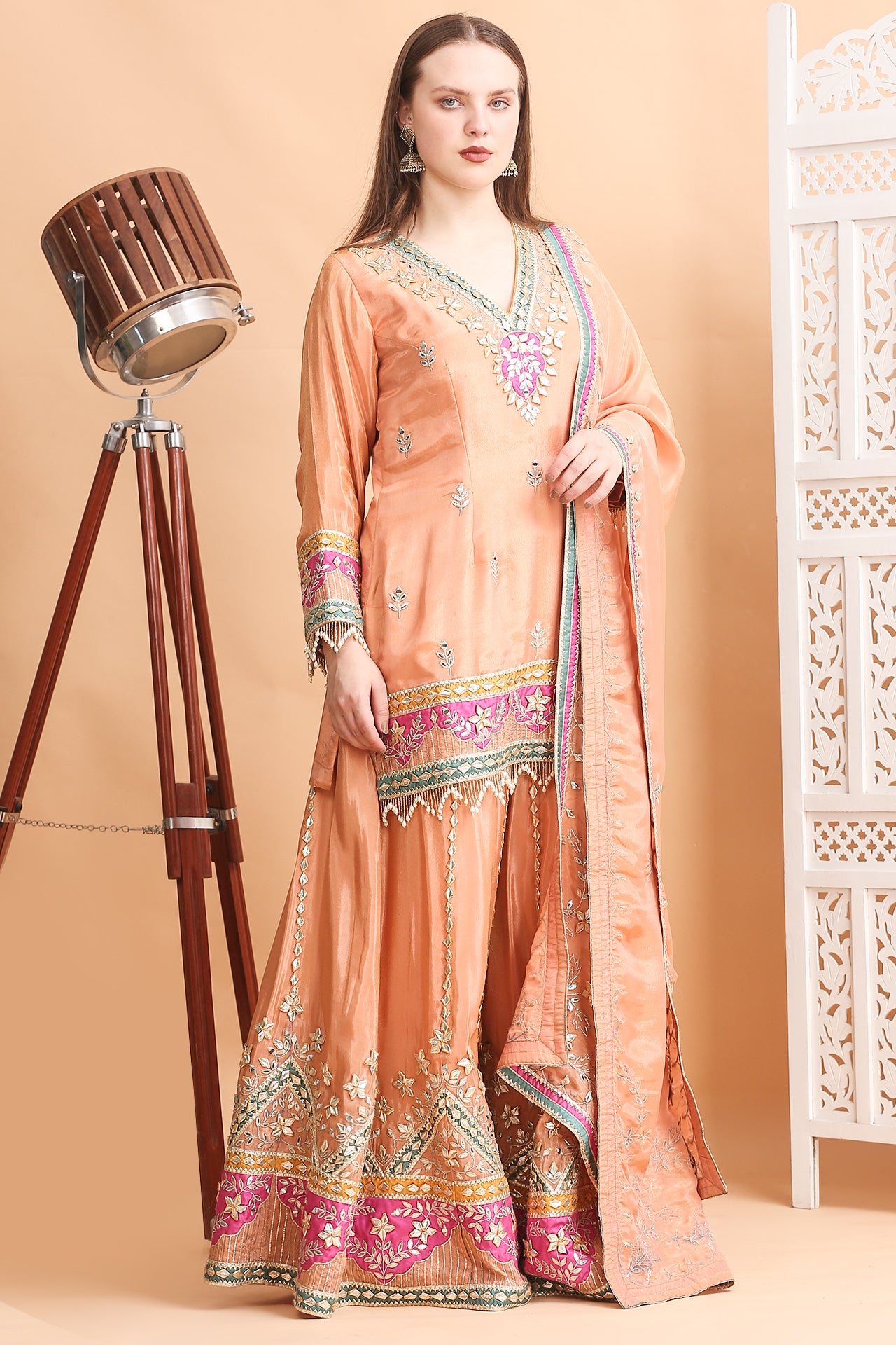 Ethereal Peach Hand-Crafted Gota Patti Sharara Set