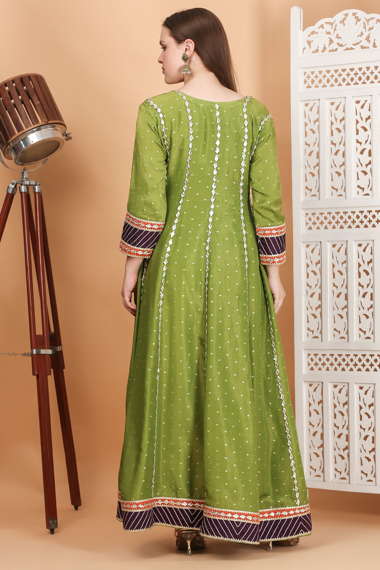 Parrot green Anarkali with gota patti work on colorful patches