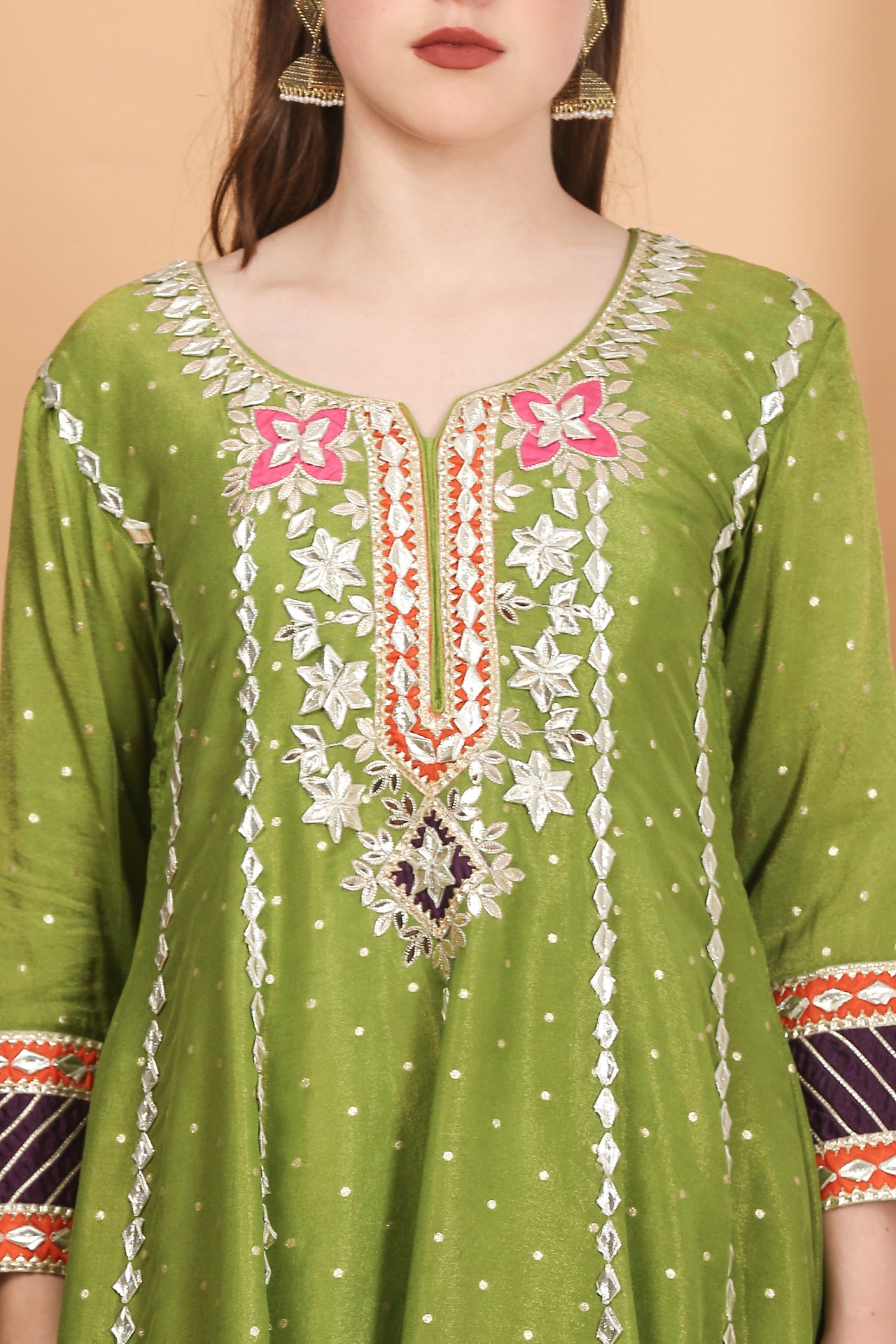 Parrot green Anarkali with gota patti work on colorful patches