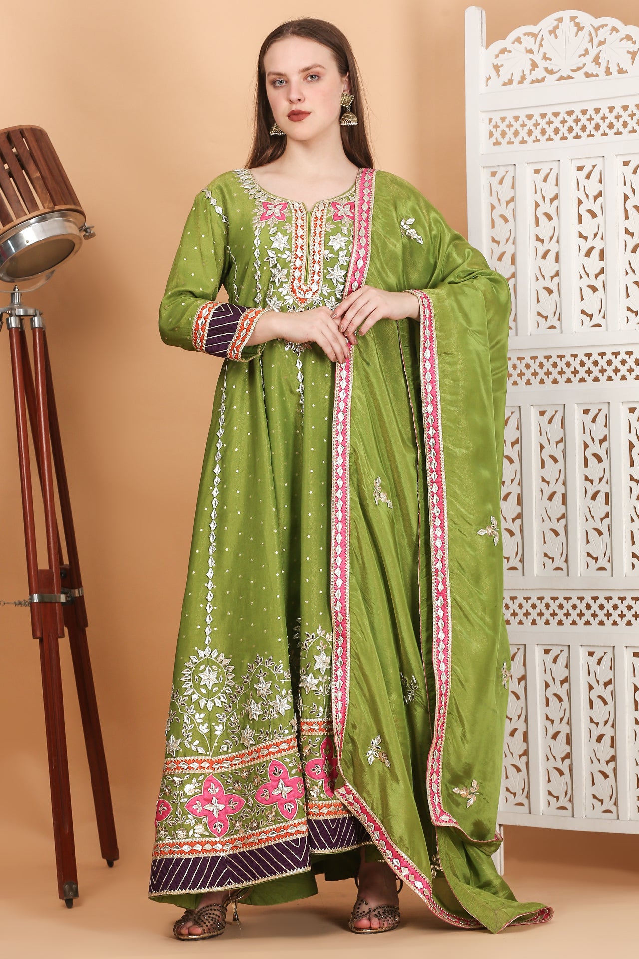 Parrot green Anarkali with gota patti work on colorful patches