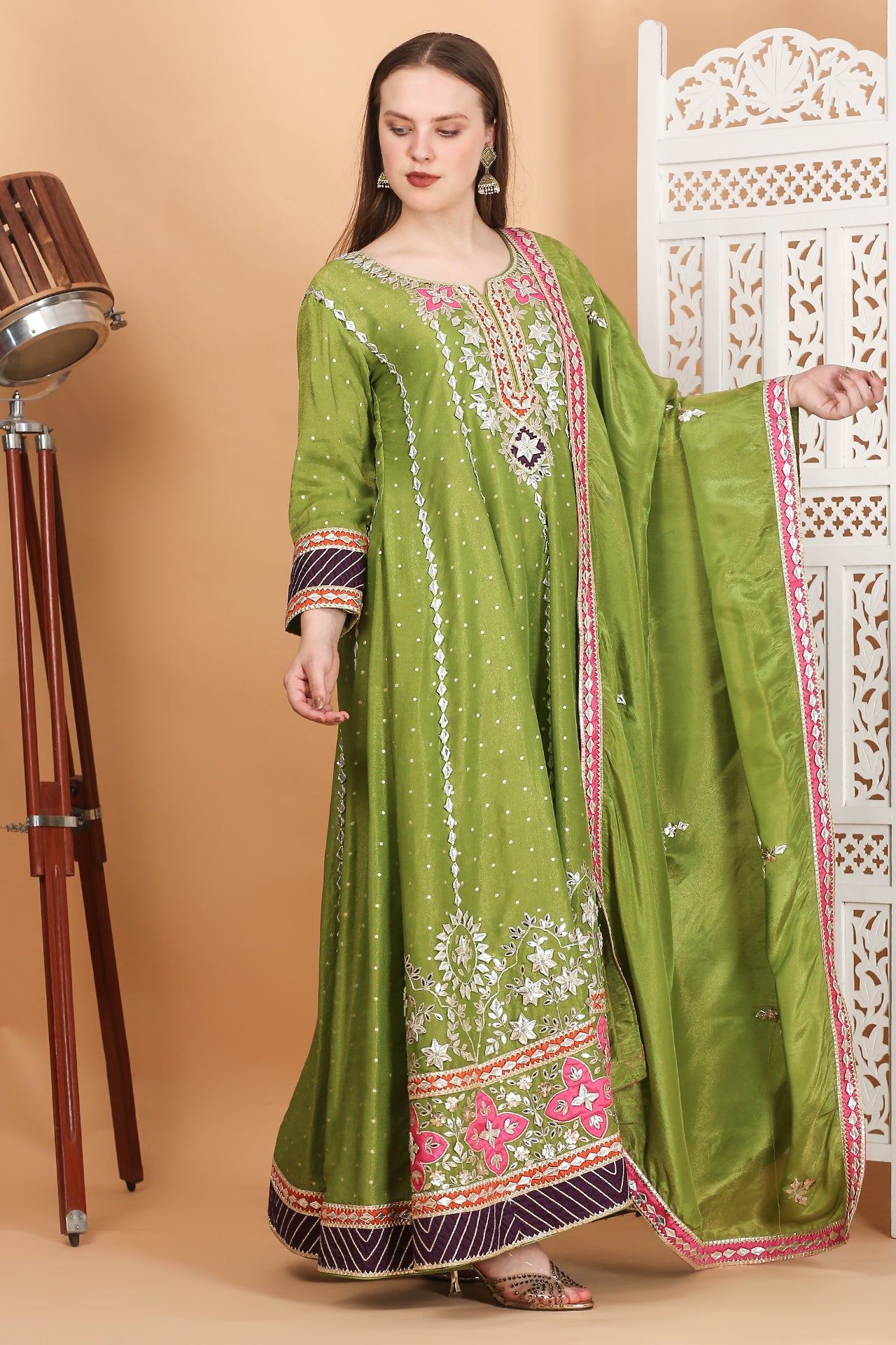 Parrot green Anarkali with gota patti work on colorful patches