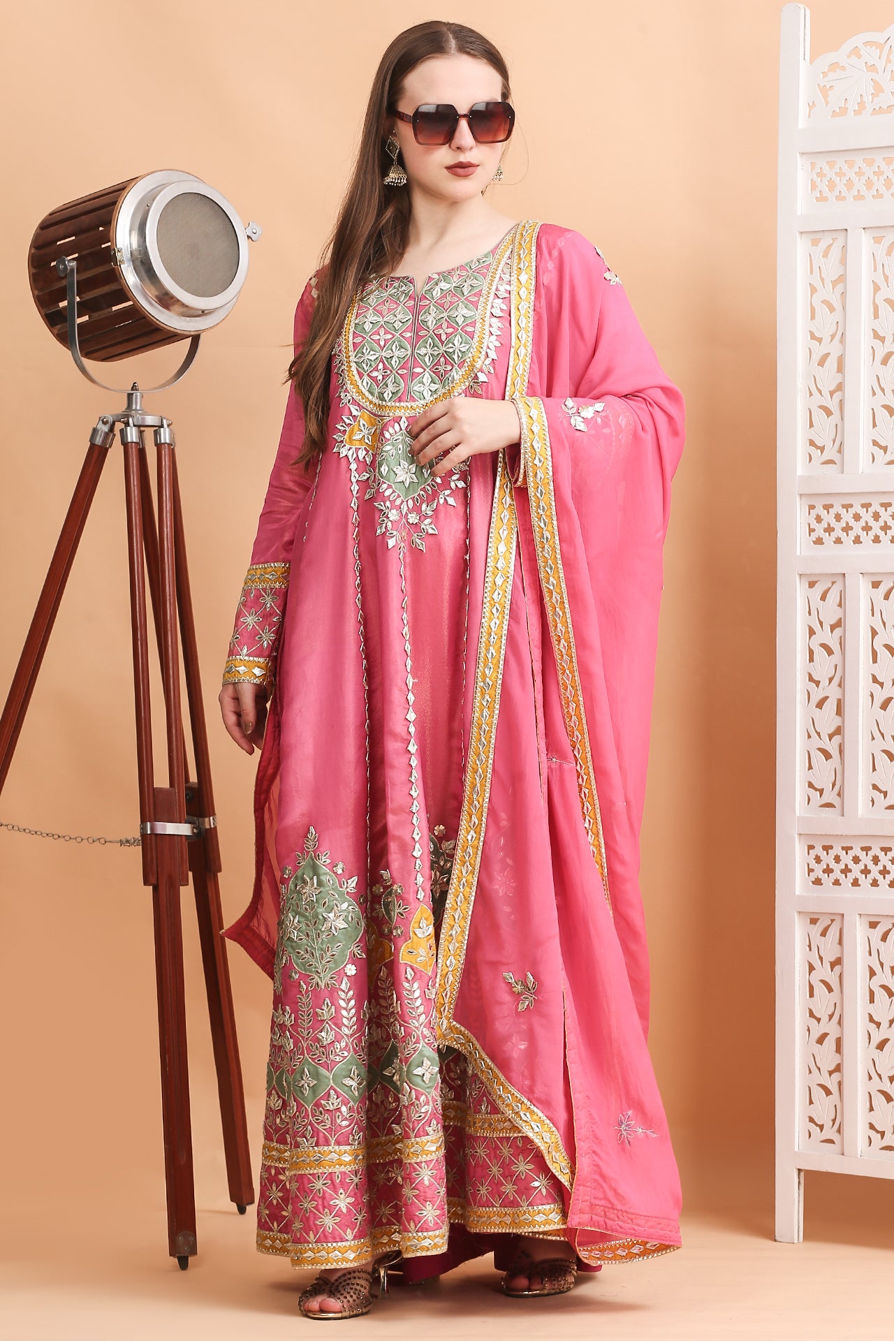 Radiant Pink Gota Patti Patchwork Anarkali