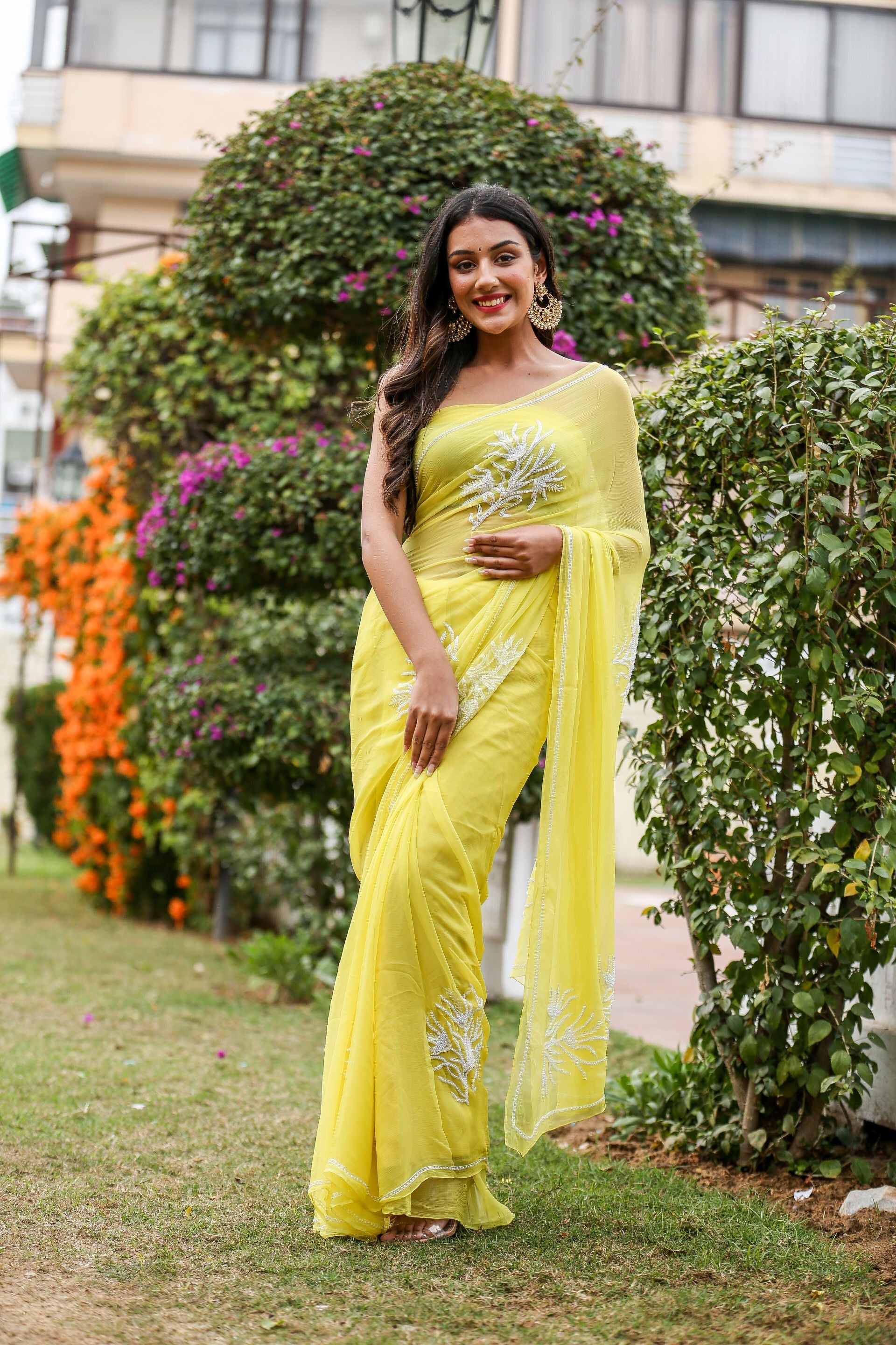 Classy Pastel Yellow Chiffon Saree Pearl Work Nature Inspired