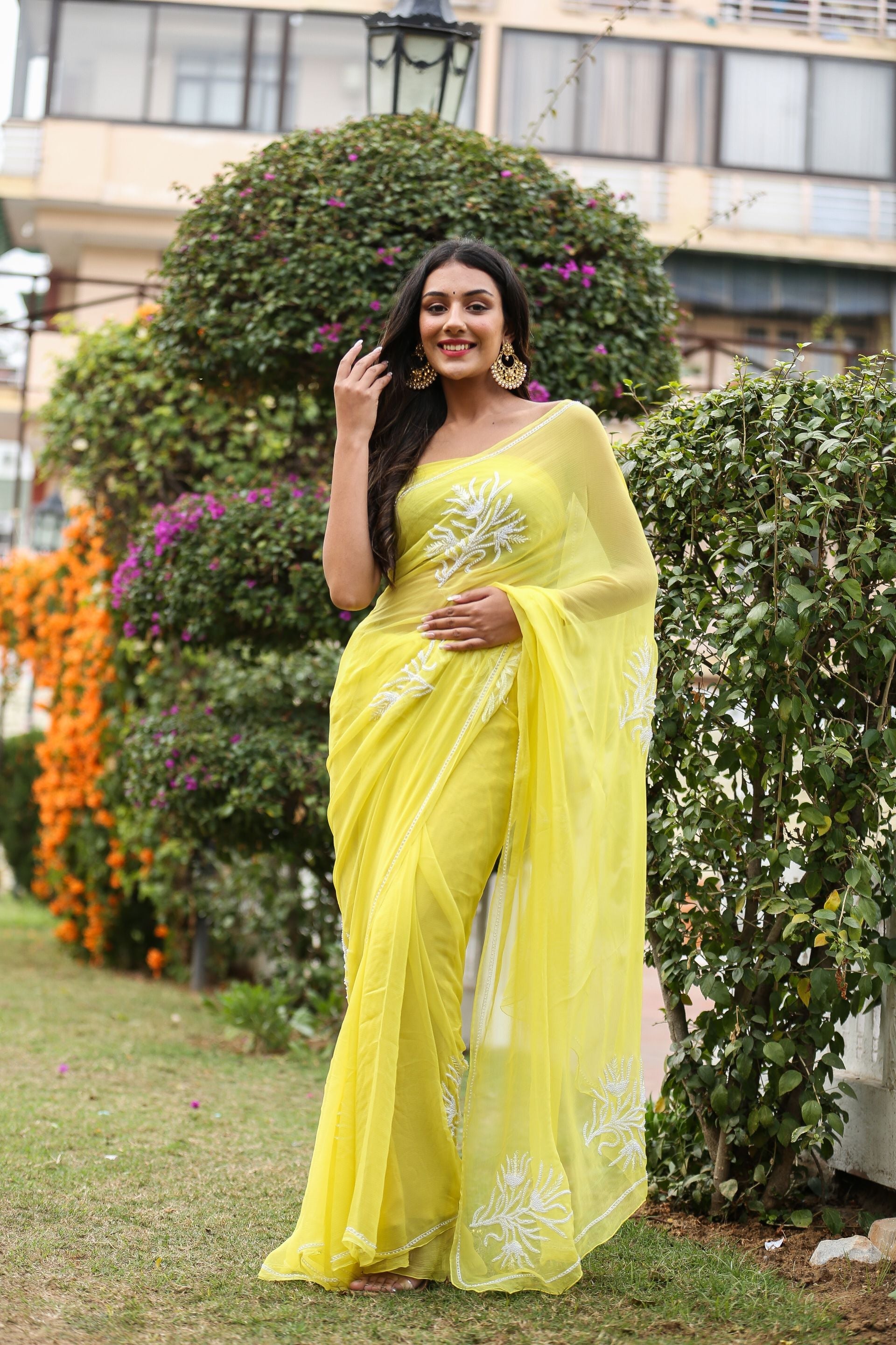 Classy Pastel Yellow Chiffon Saree Pearl Work Nature Inspired