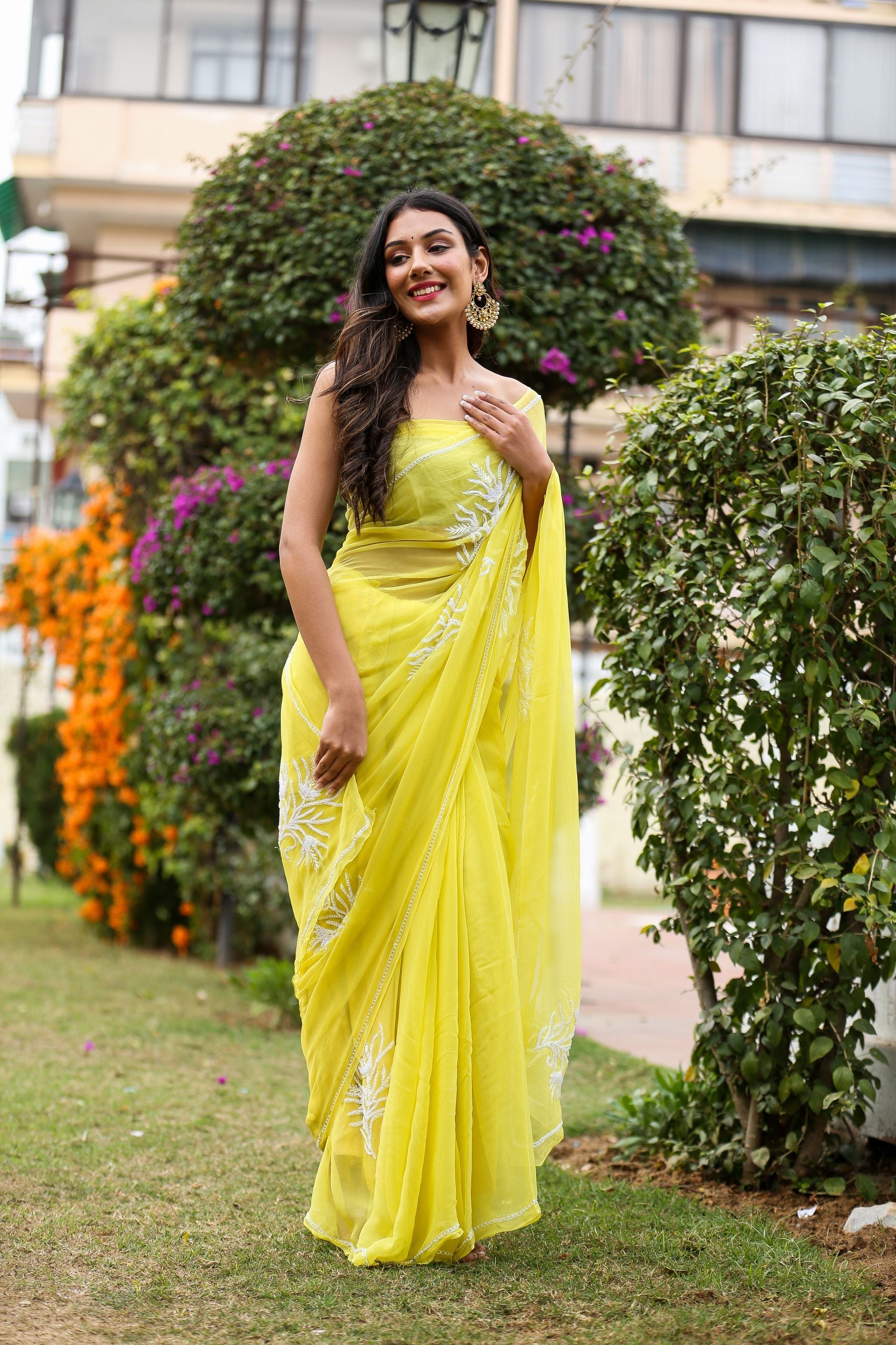 Classy Pastel Yellow Chiffon Saree Pearl Work Nature Inspired