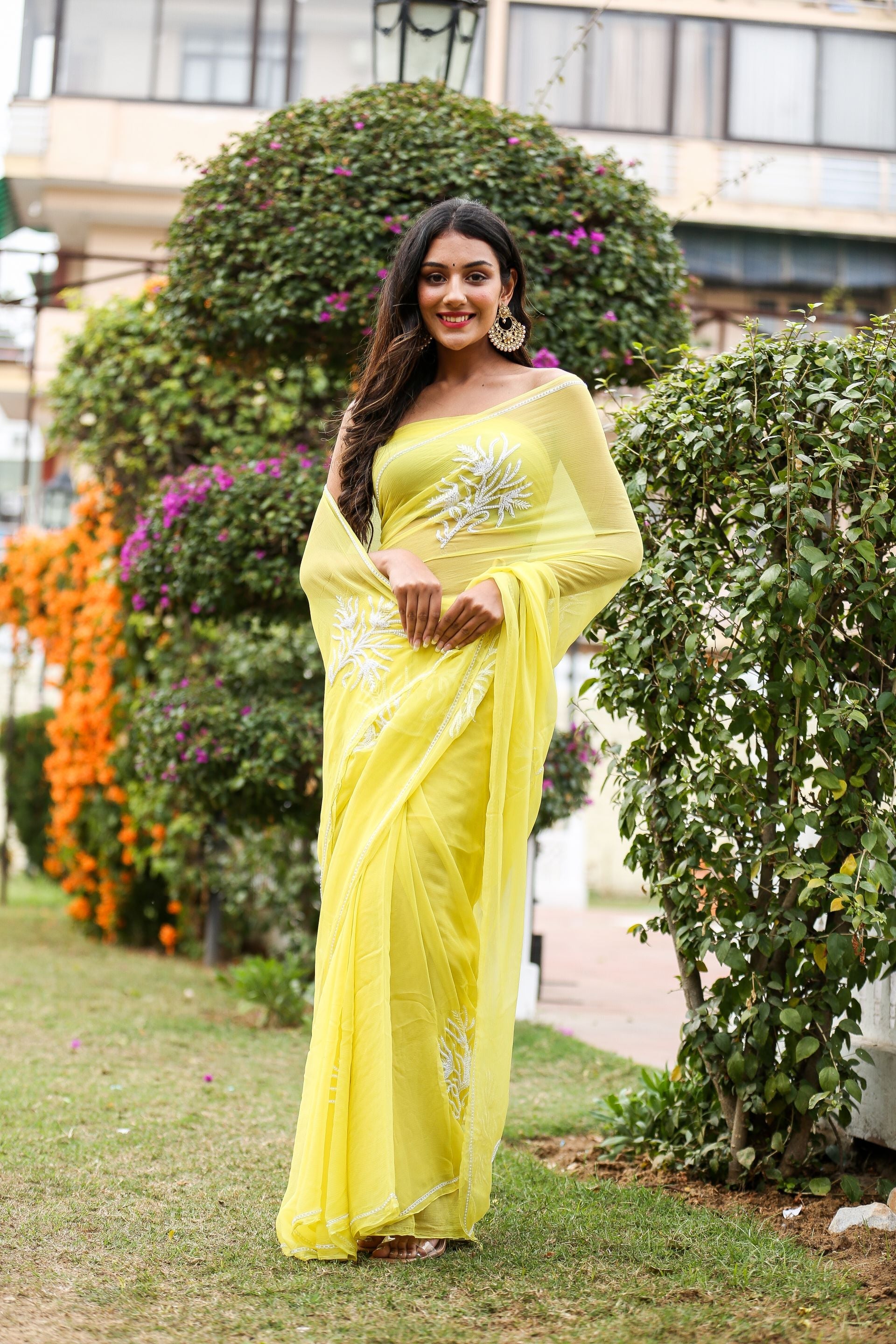 Classy Pastel Yellow Chiffon Saree Pearl Work Nature Inspired