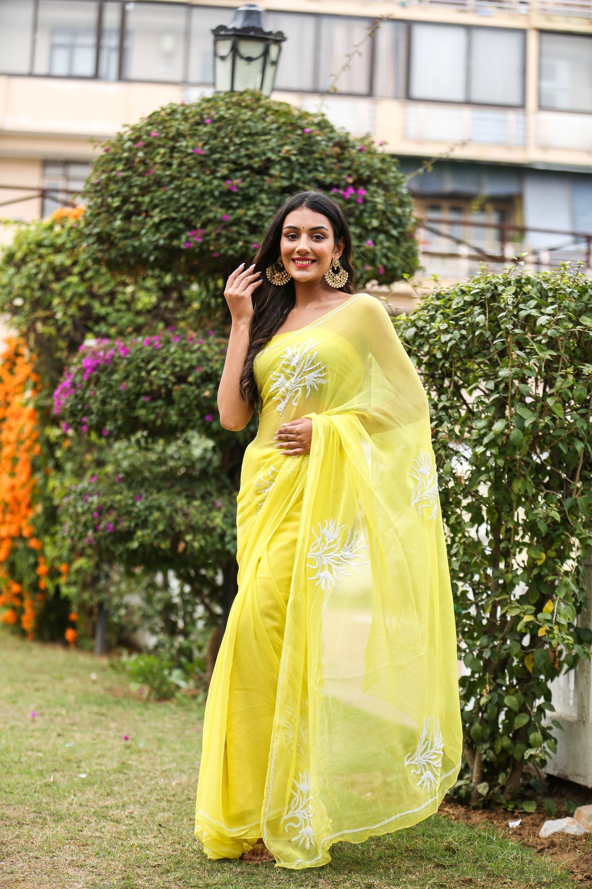 Classy Pastel Yellow Chiffon Saree Pearl Work Nature Inspired