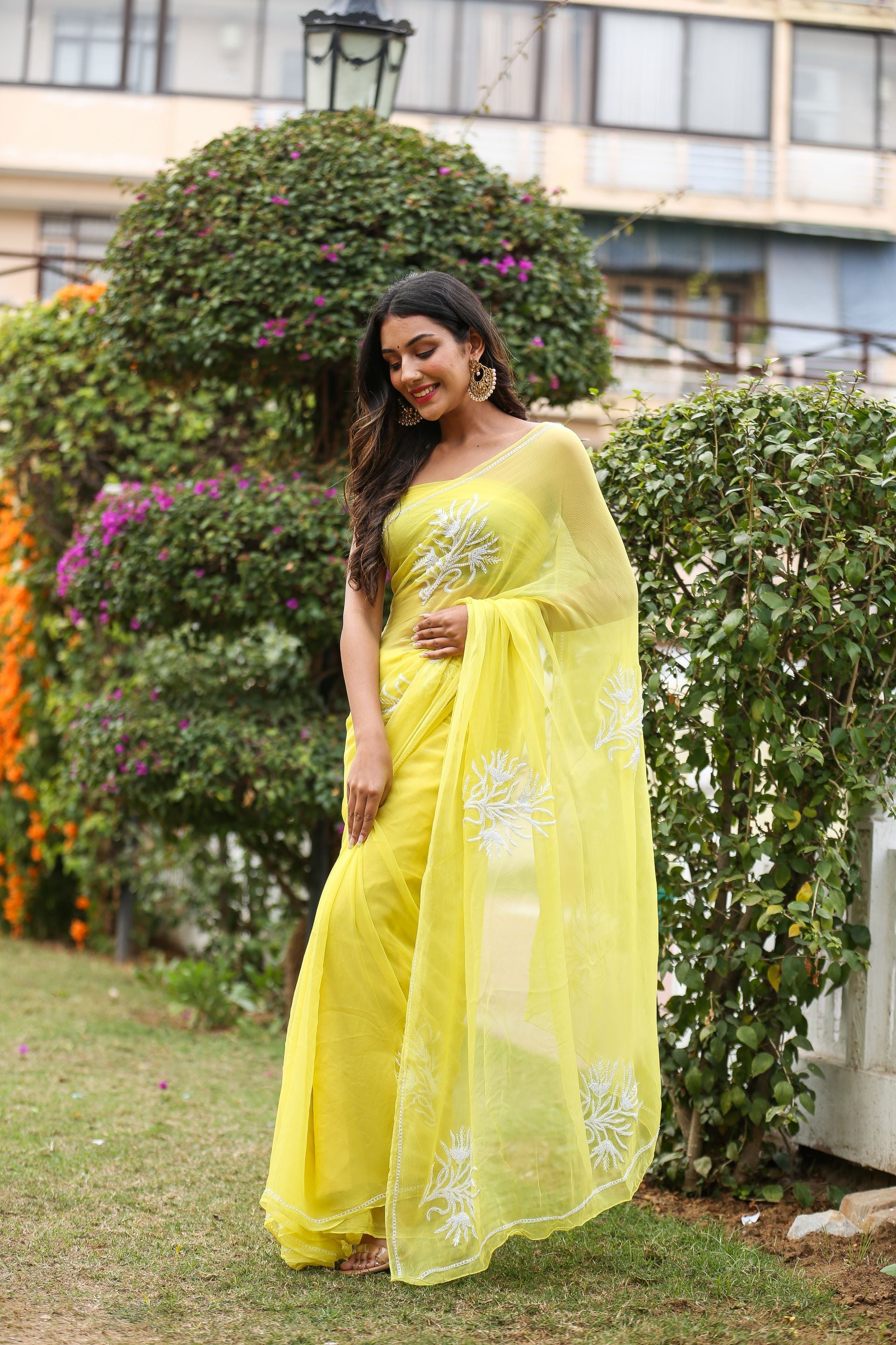 Classy Pastel Yellow Chiffon Saree Pearl Work Nature Inspired