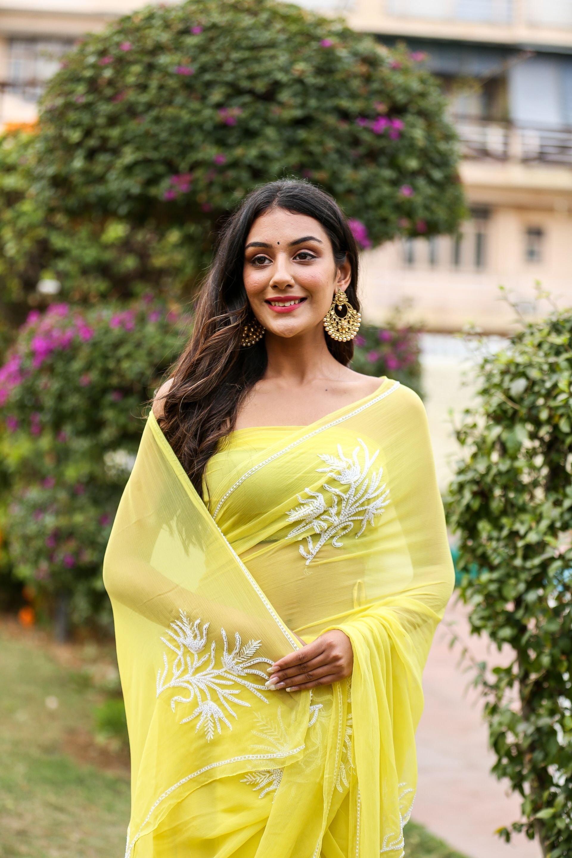 Classy Pastel Yellow Chiffon Saree Pearl Work Nature Inspired