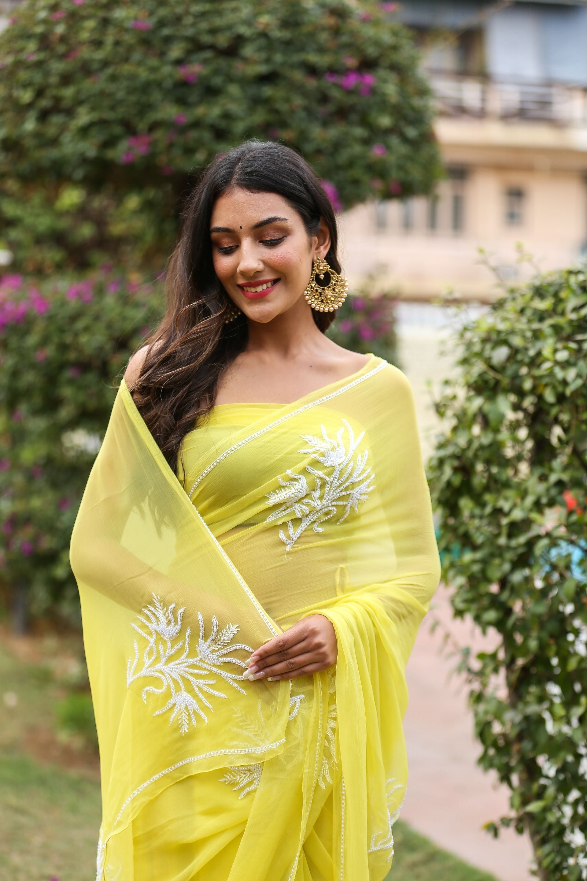 Classy Pastel Yellow Chiffon Saree Pearl Work Nature Inspired