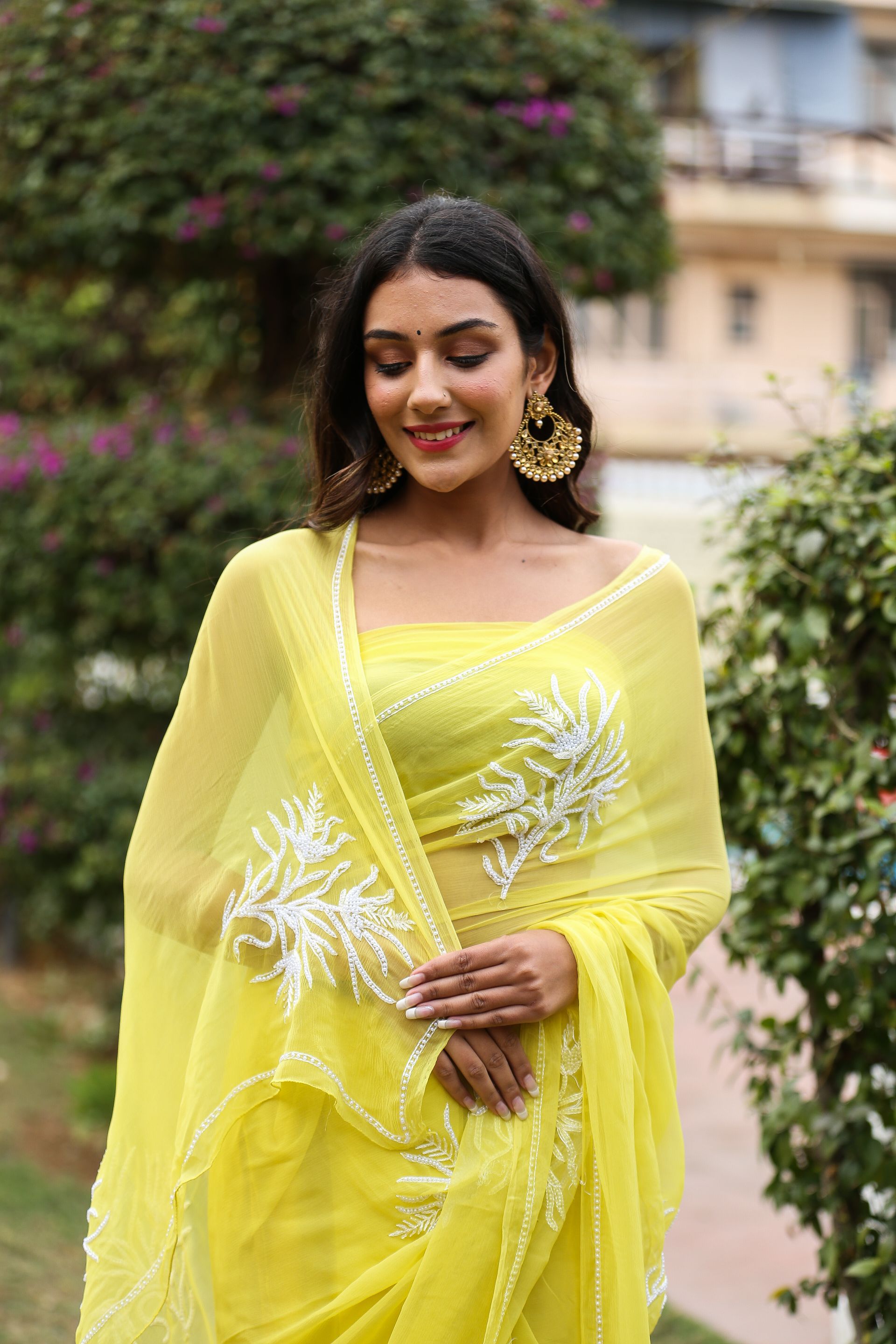 Classy Pastel Yellow Chiffon Saree Pearl Work Nature Inspired