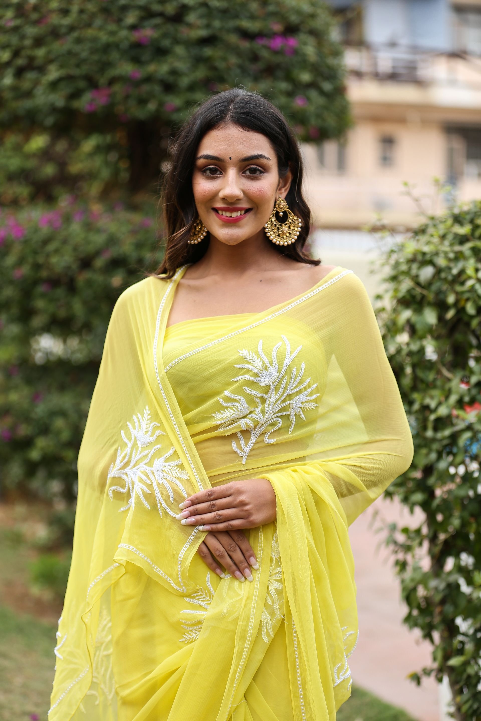 Classy Pastel Yellow Chiffon Saree Pearl Work Nature Inspired