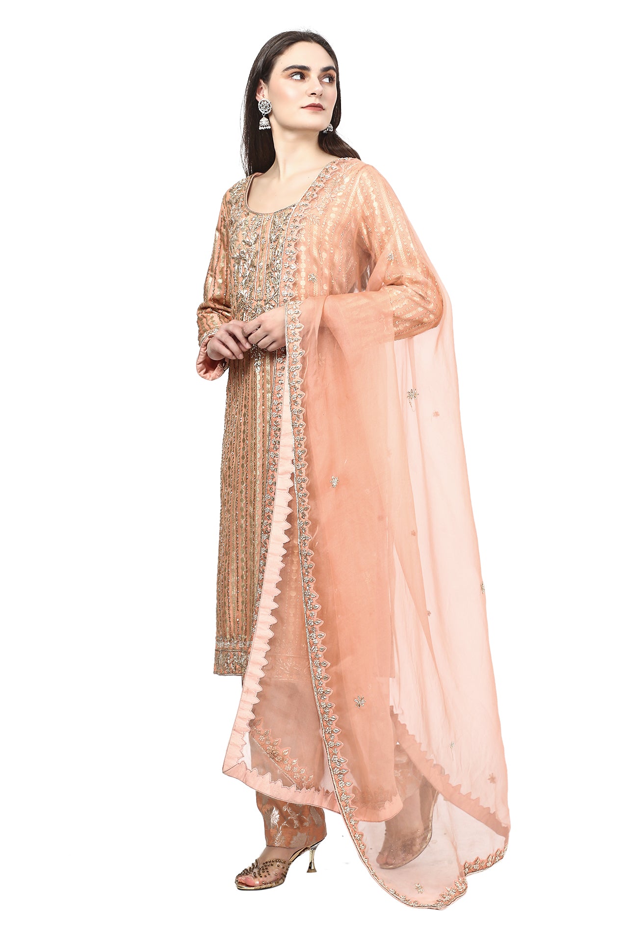 Hand-Embroidered Peach Kurta Set with Authentic Dabka Zardozi