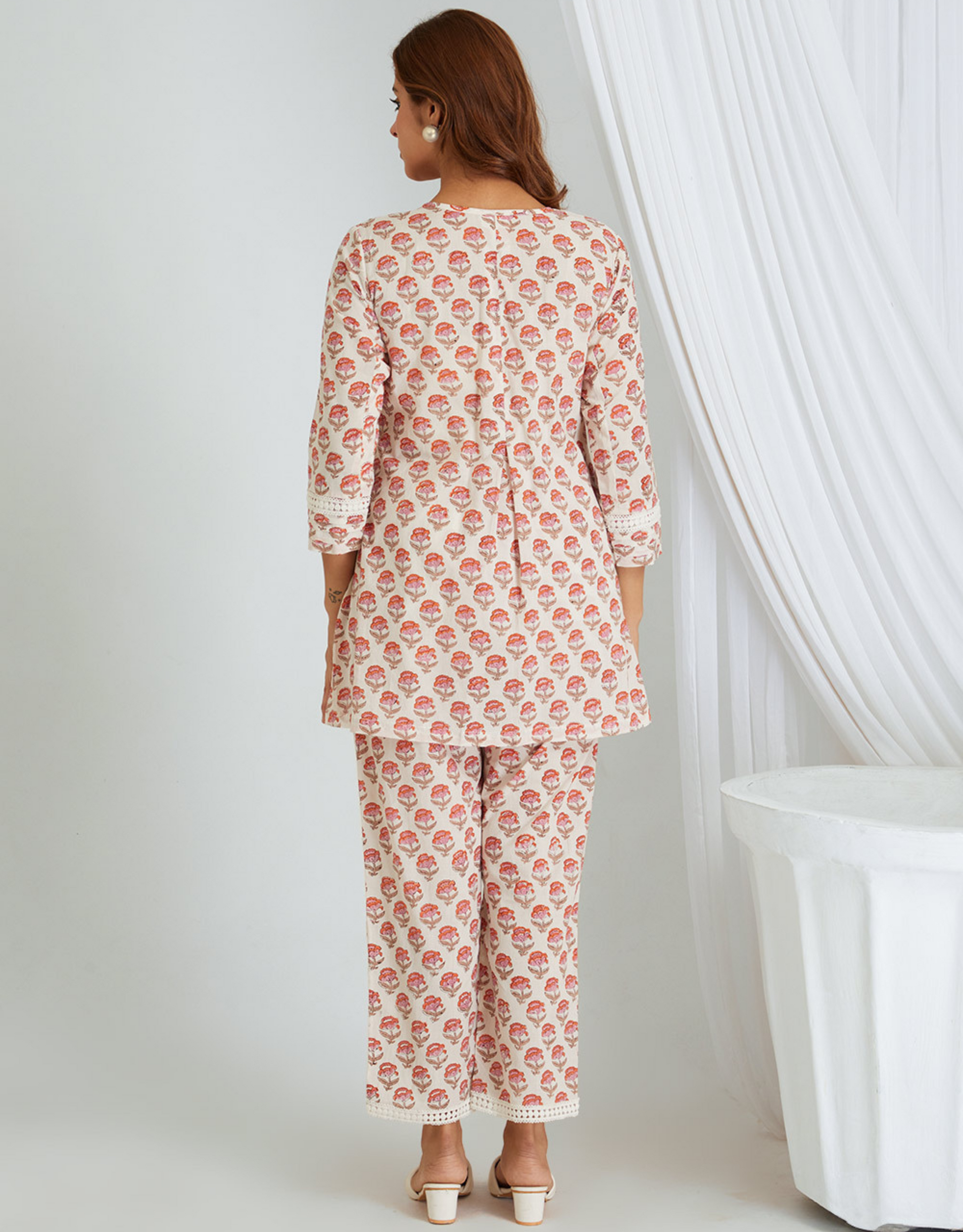 White Pink Hand Block Cotton Tunic Pants Co-ord Set Lace Detail