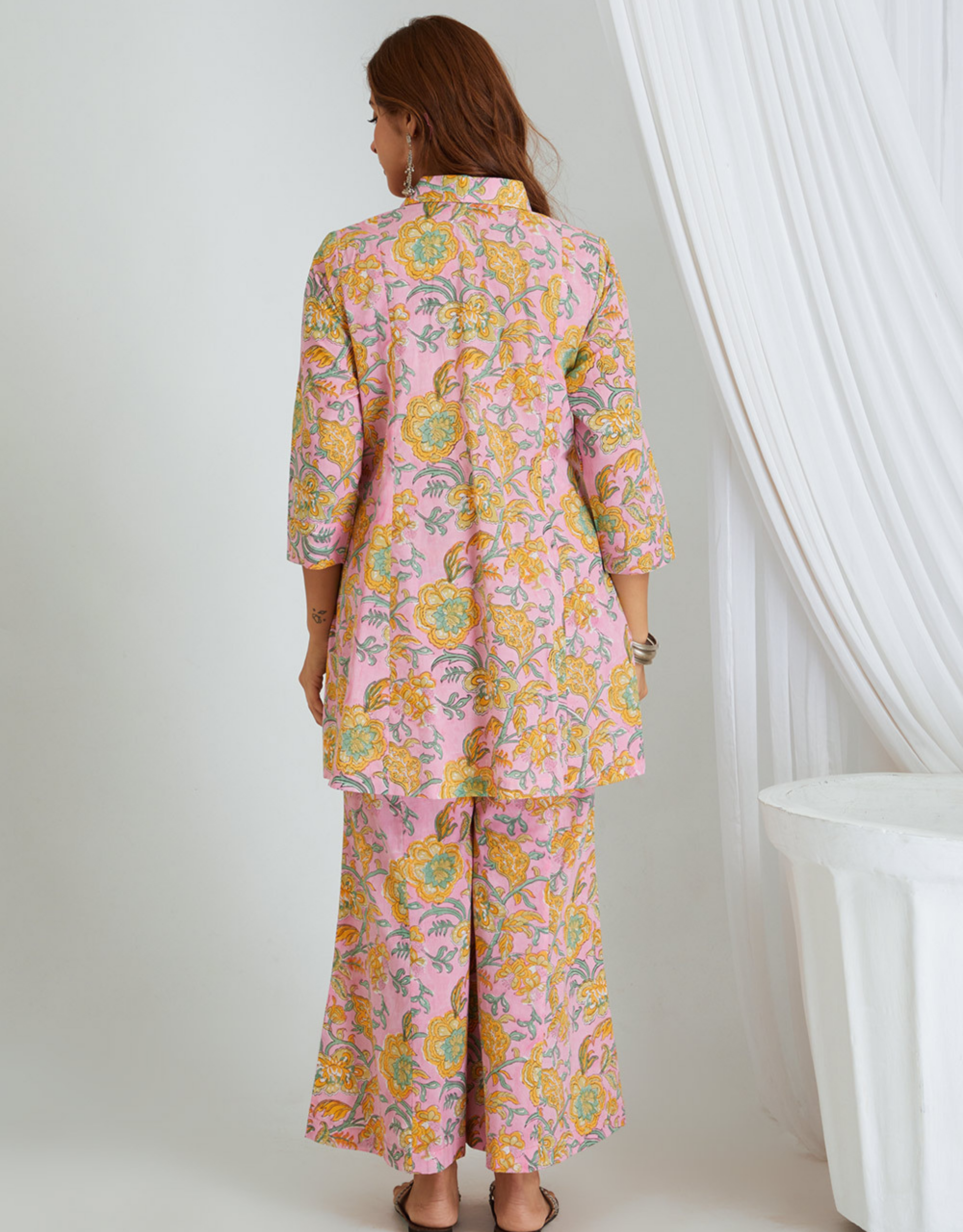 Pink Hand Block Cotton Tunic Palazzo Co-ord Set Kali Front