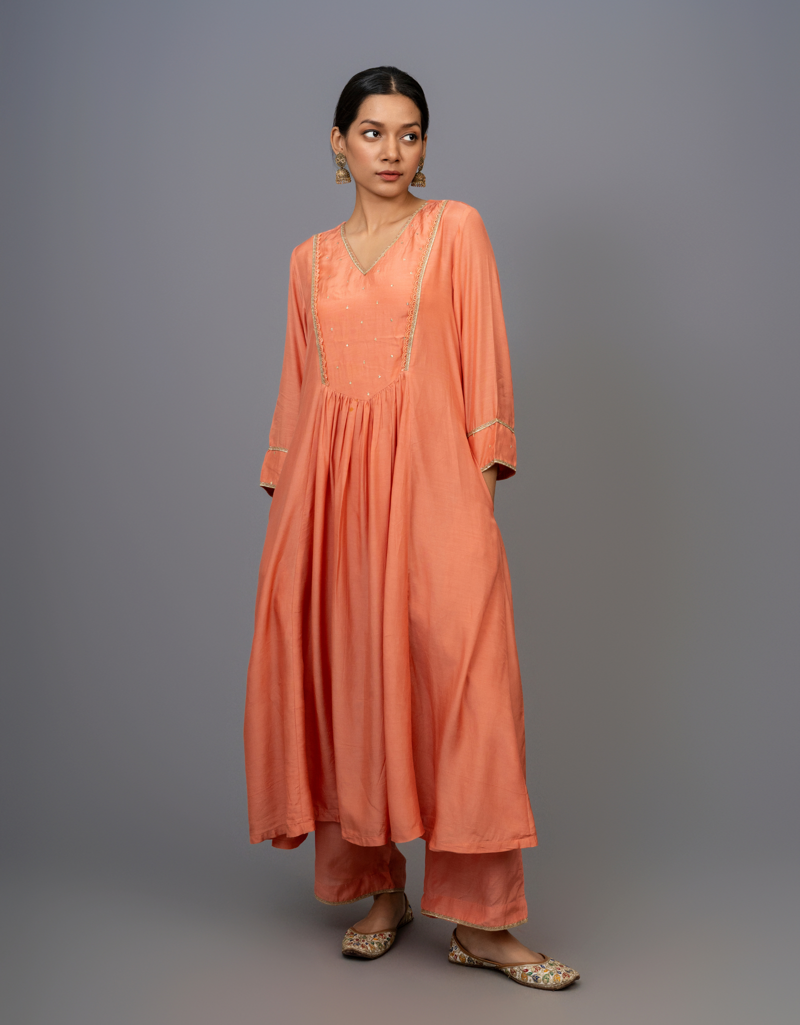 Rust Cotton Silk Hand Embroidered Gathered A-line Kurta Pants Set