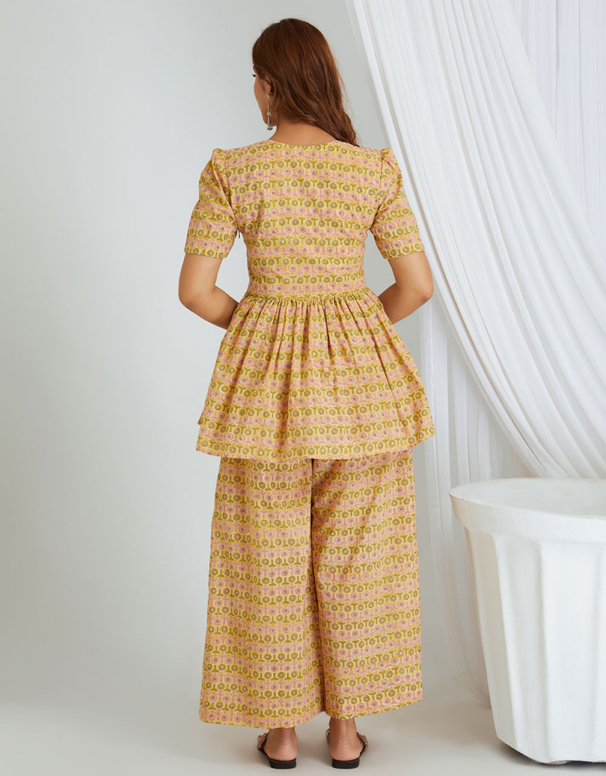 Mustard Yellow Hand Block Cotton Tunic Palazzo Co-ord Set Crushed Roll