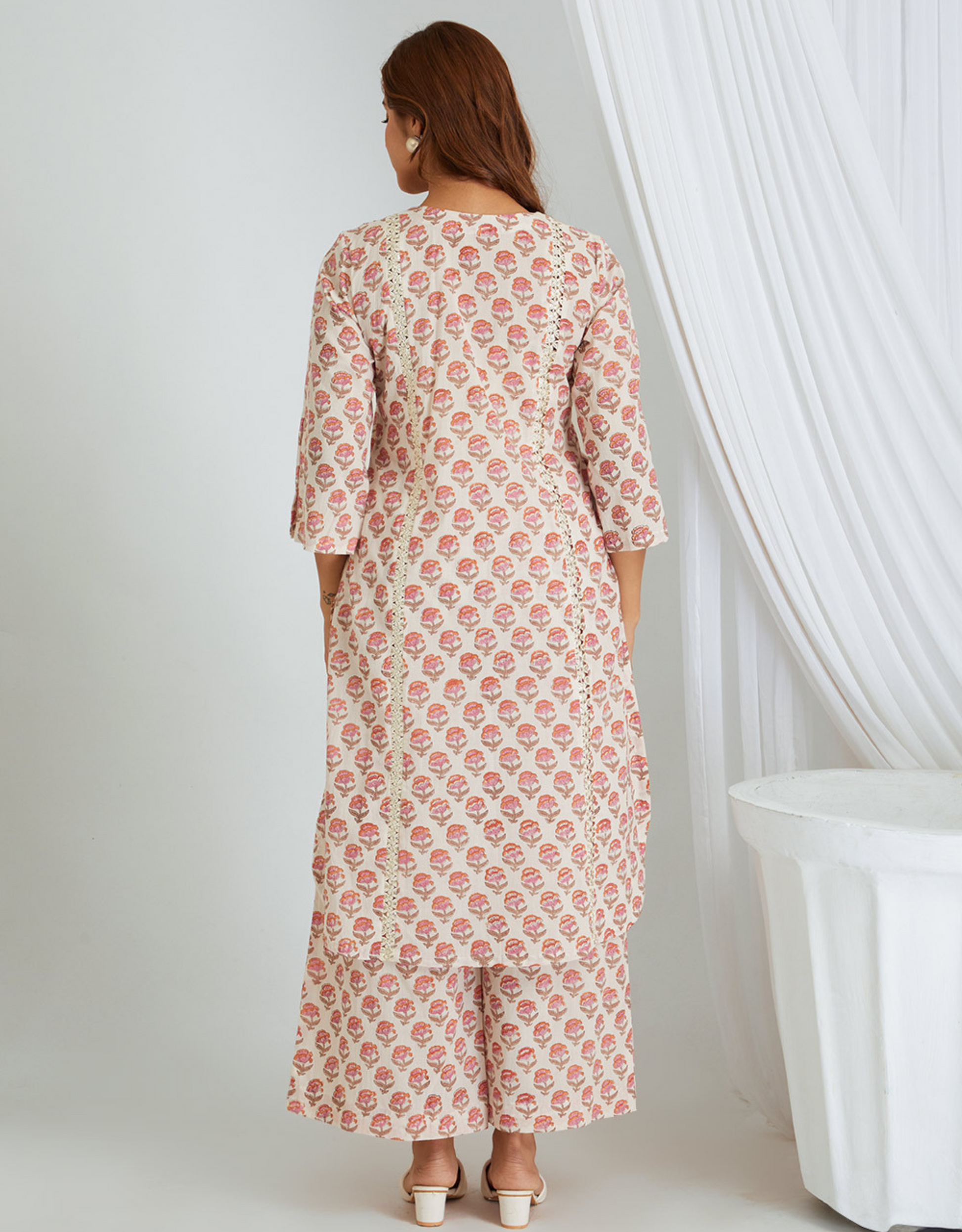 White Pink Hand Block Cotton Kurta Palazzo Co-ord Set Lace Tucks