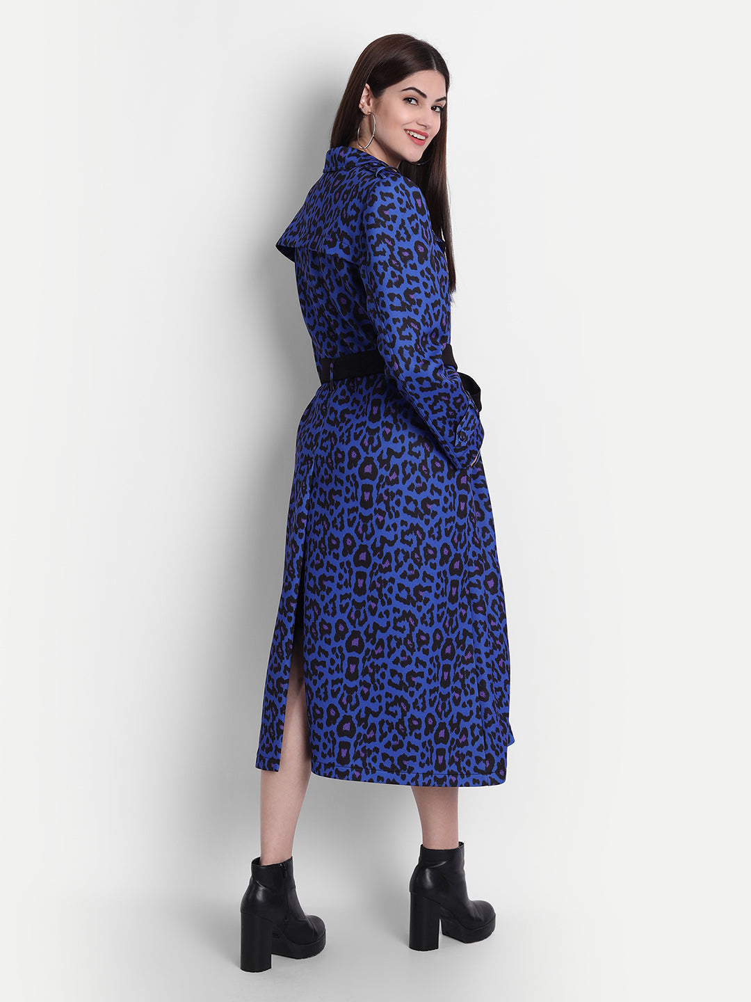 Fierce Blue Polyester Leopard Print Trench Coat