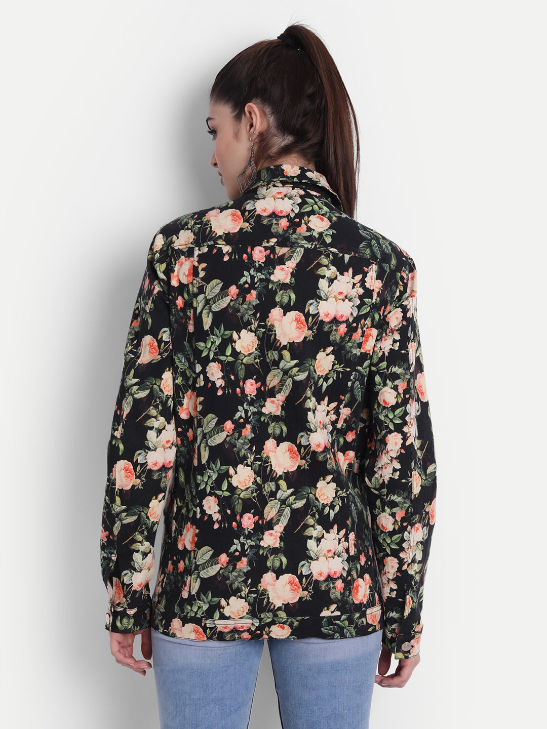 Chic Black Beige White Twill Lycra Floral Short Jacket