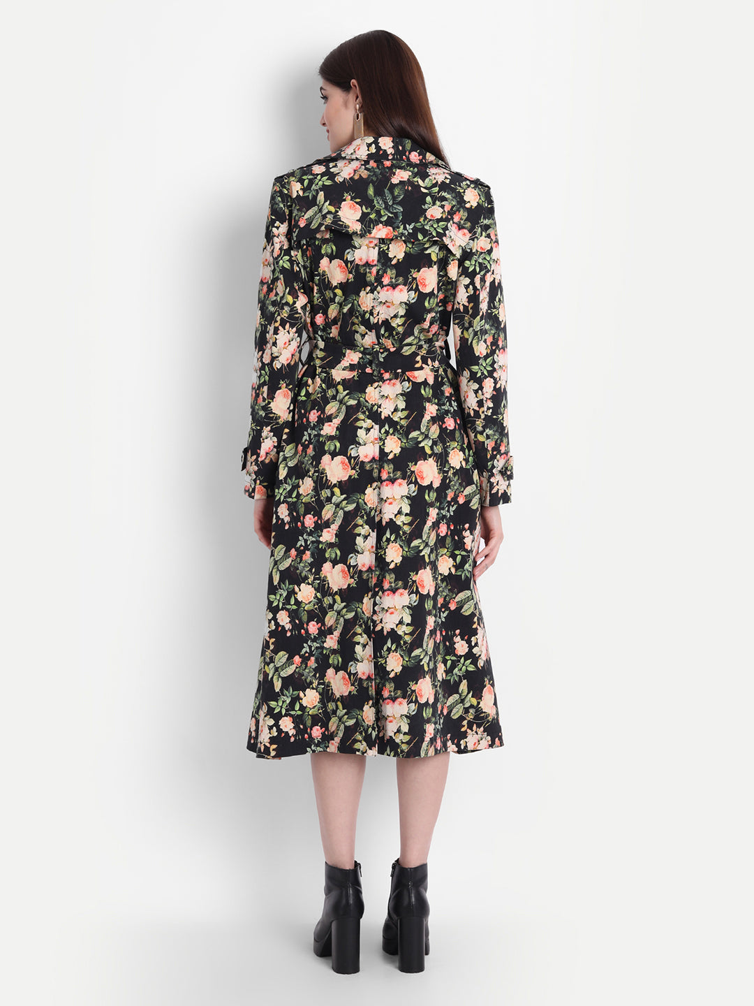 Sophisticated Black Beige White Twill Lycra Floral Trench Coat