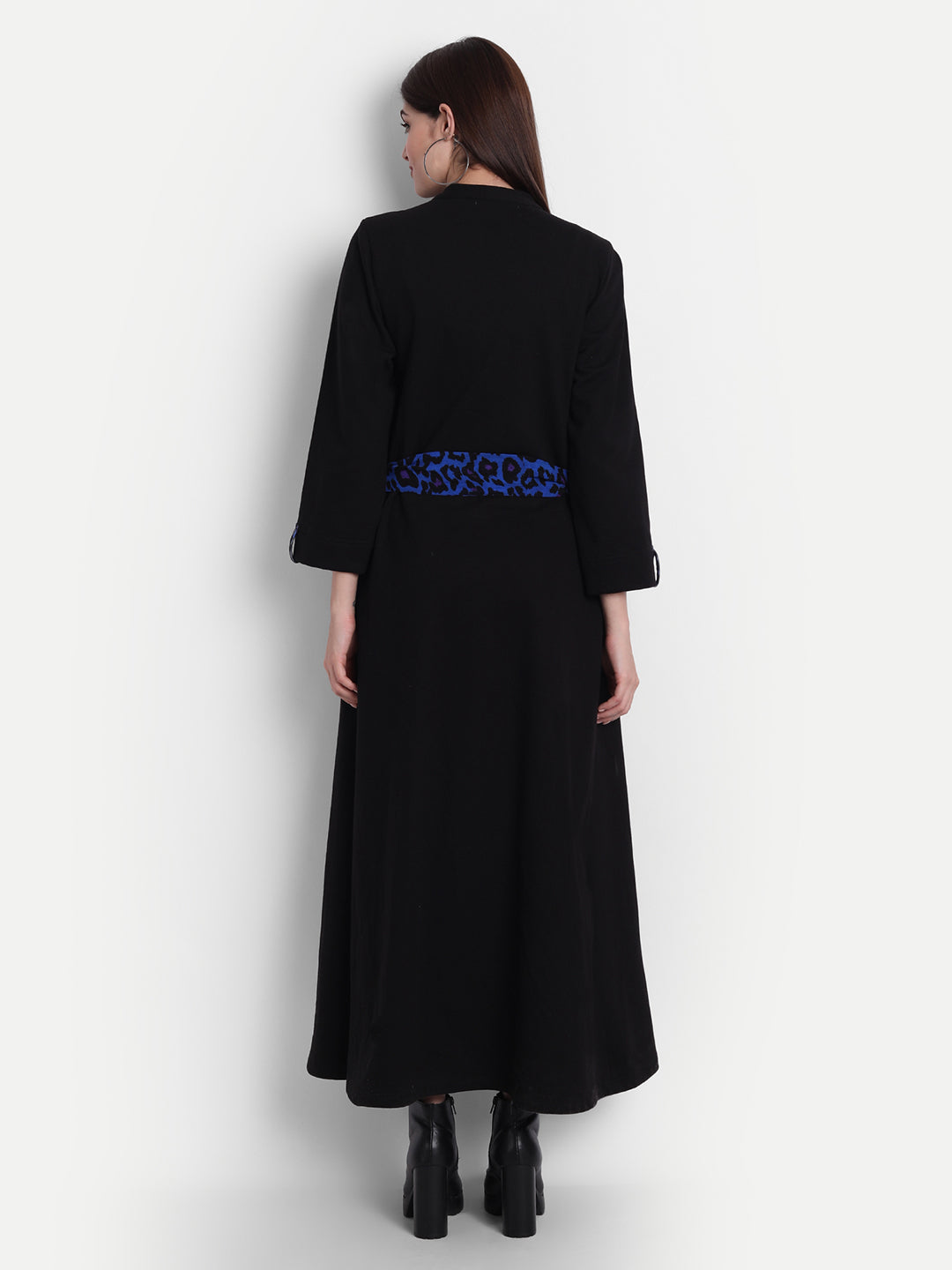 Bold Black Fleece Leopard Print Waist Tie Trench Coat