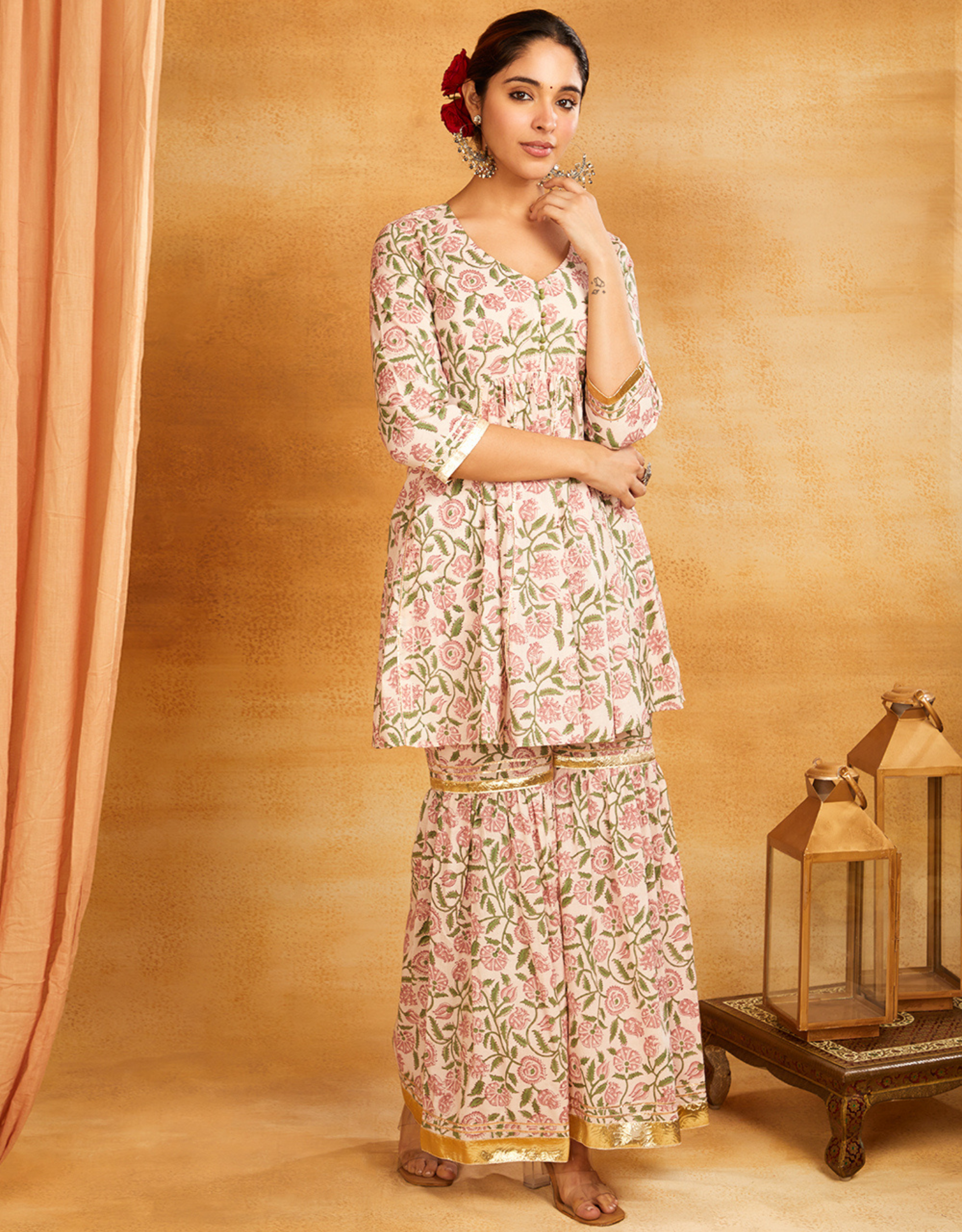 Green Block Printed Kalidar Gota Pati Kurta Sharara Chiffon Dupatta