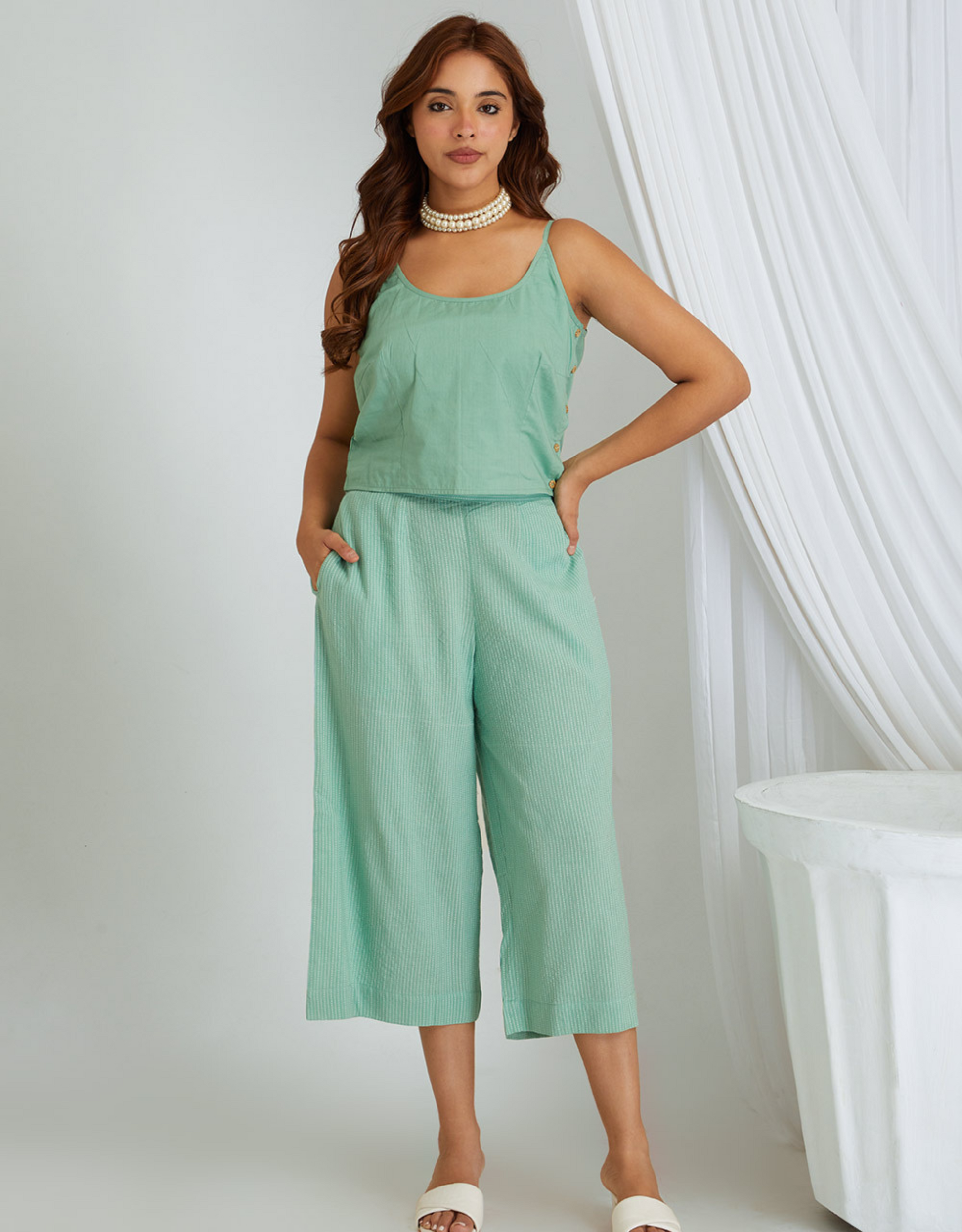 Sea Green Kantha Weaving Cotton Shrug Slip Pants Co-ord Set Collar