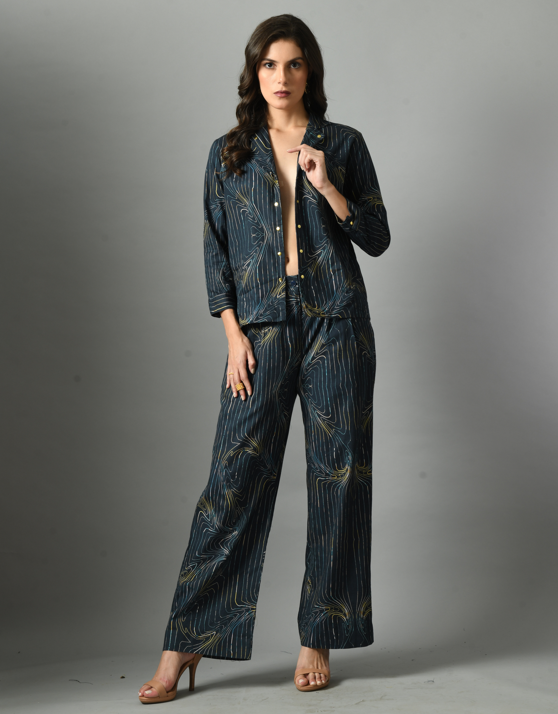 Mystic Royal Blue Linen Wondersea Shirt Trouser Set Digital Print
